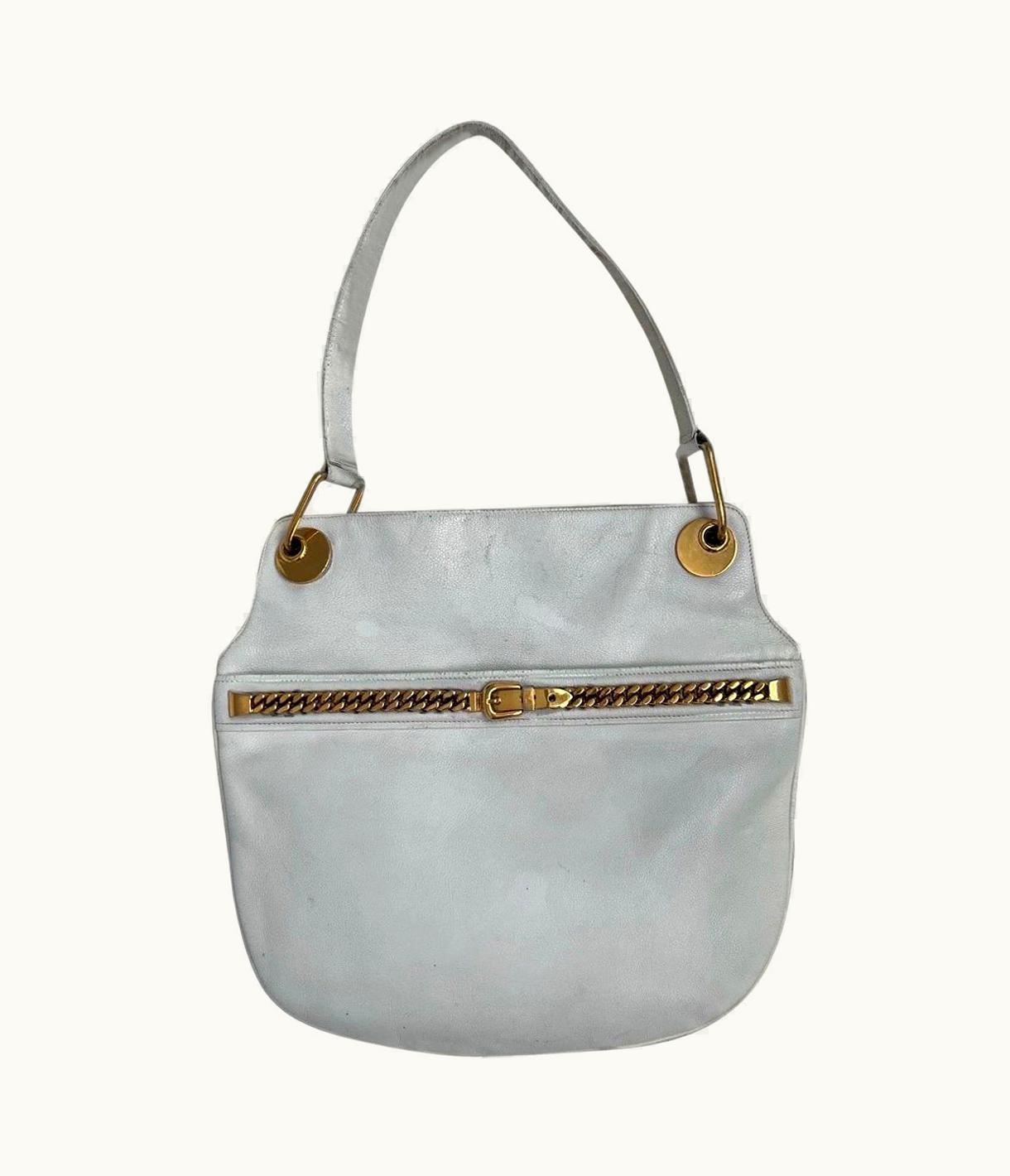 Gucci Vintage 80s Gucci Gg White Shoulder Bag Crossbody With Gold Belt Chain Across