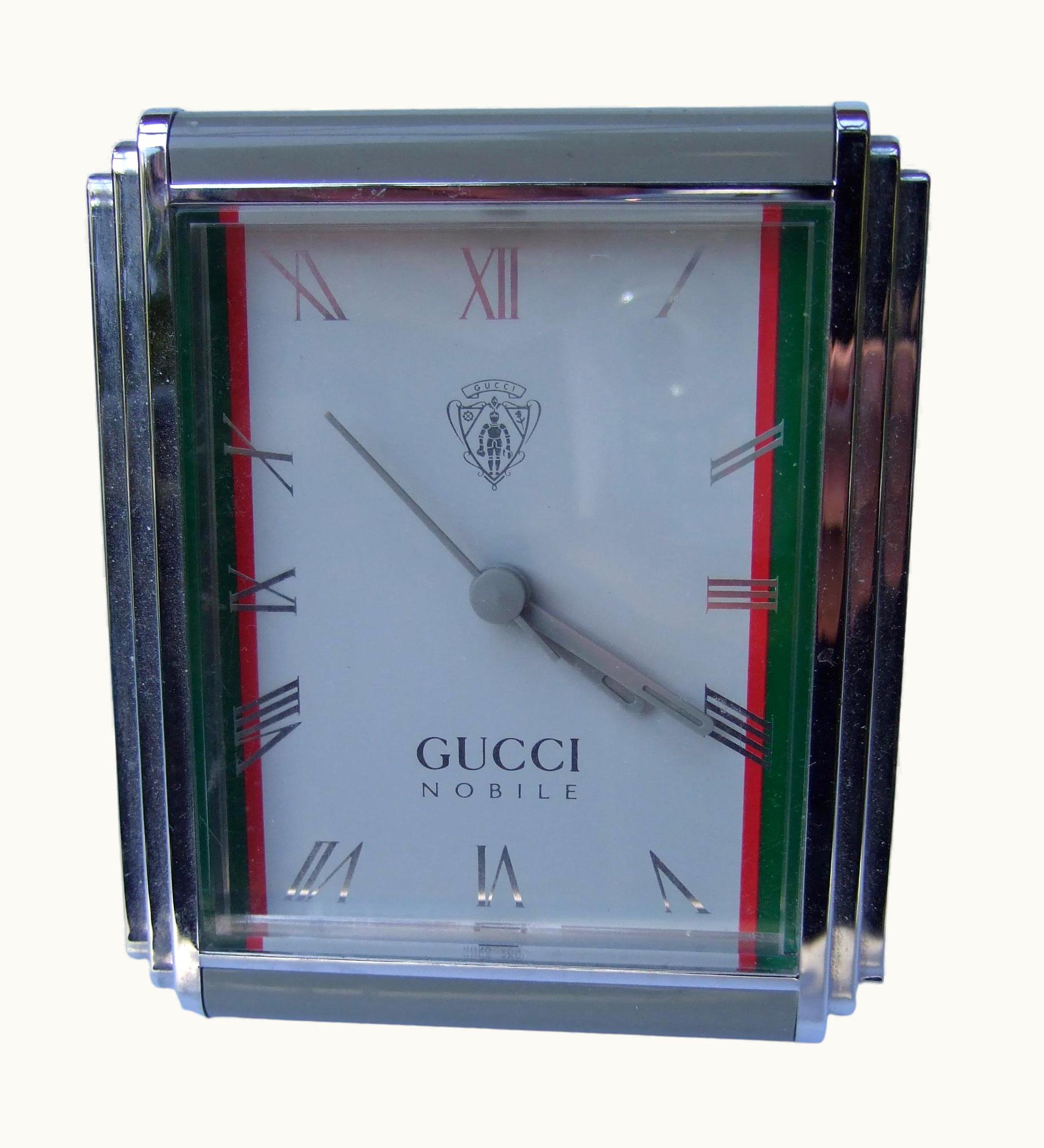 Gucci Nobile Silver Metallic Molded Resin Framed Battery Table Clock C 1980s