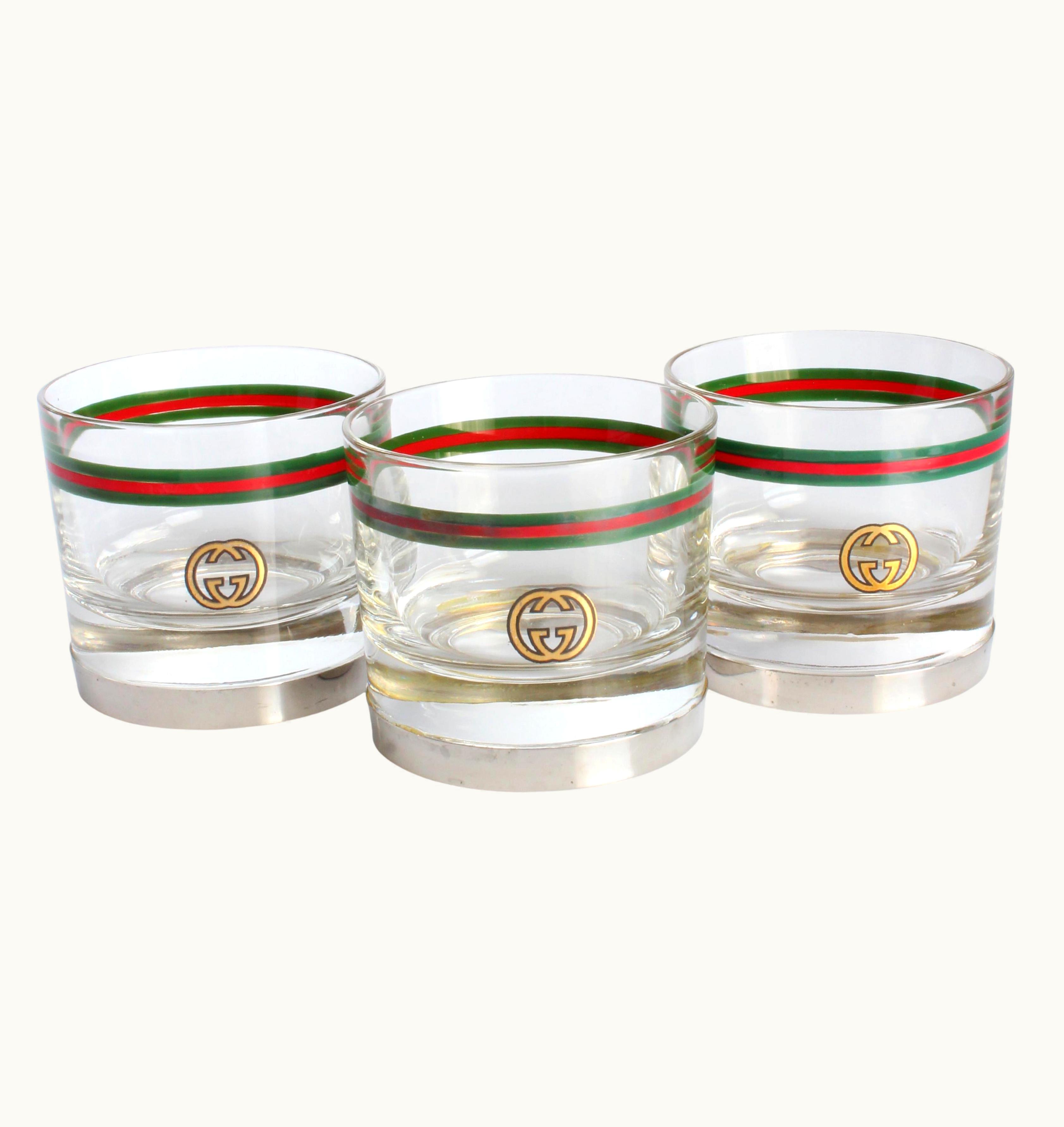 Gucci Cocktail Glasses With Silver Base Gg Logo Webbing 3pc Set Barware Vintage