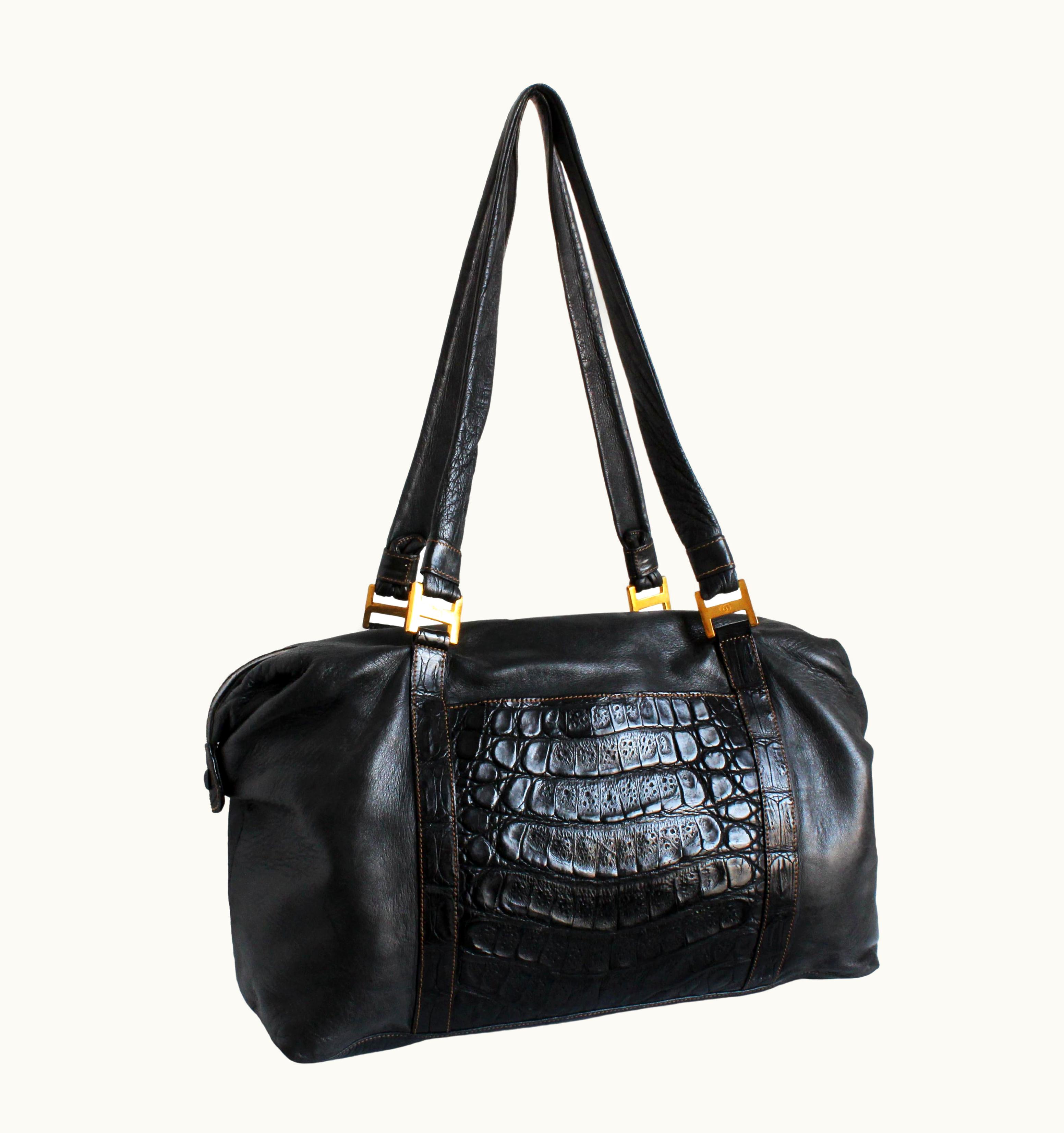 Gucci Duffle Bag Black Crocodile And Kid Leather Large Hobo Vintage 1984 + Coa