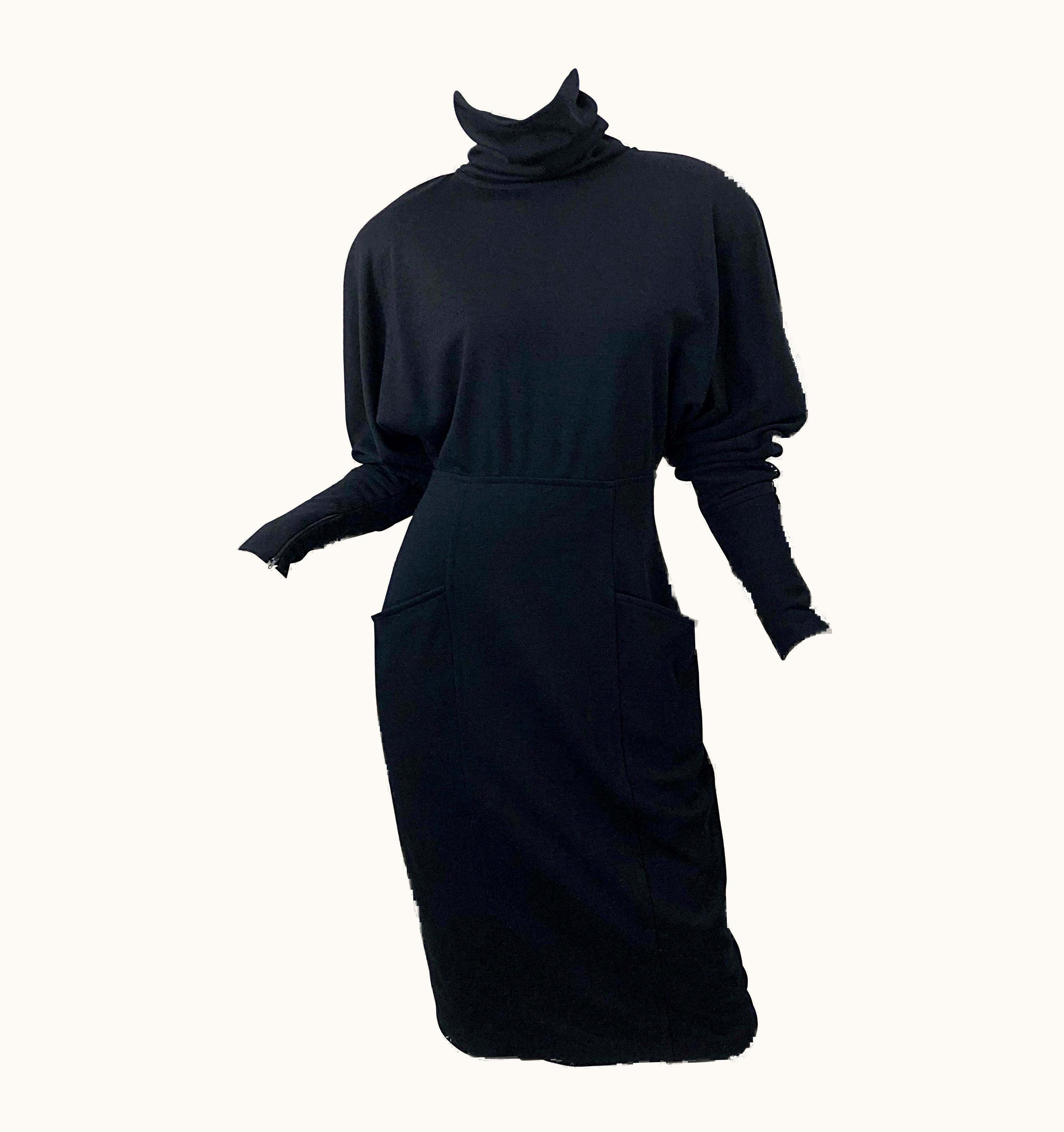 Gucci 1980s Avant Garde Black Wool Vintage 80s Turtleneck Sweater Dress