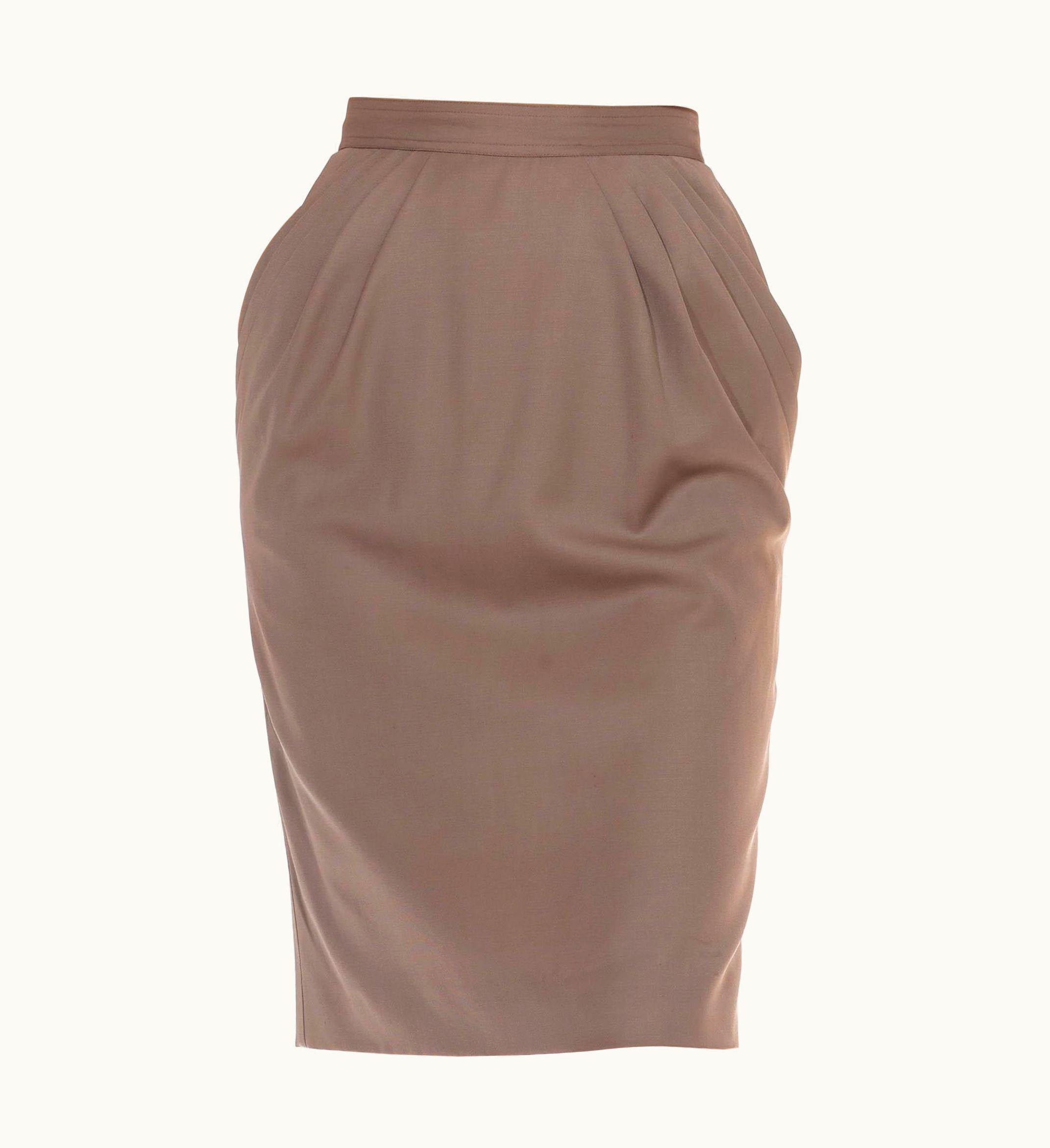 Gucci 1980s Gucci Taupe Wool Suiting Draped Cowl Skirt