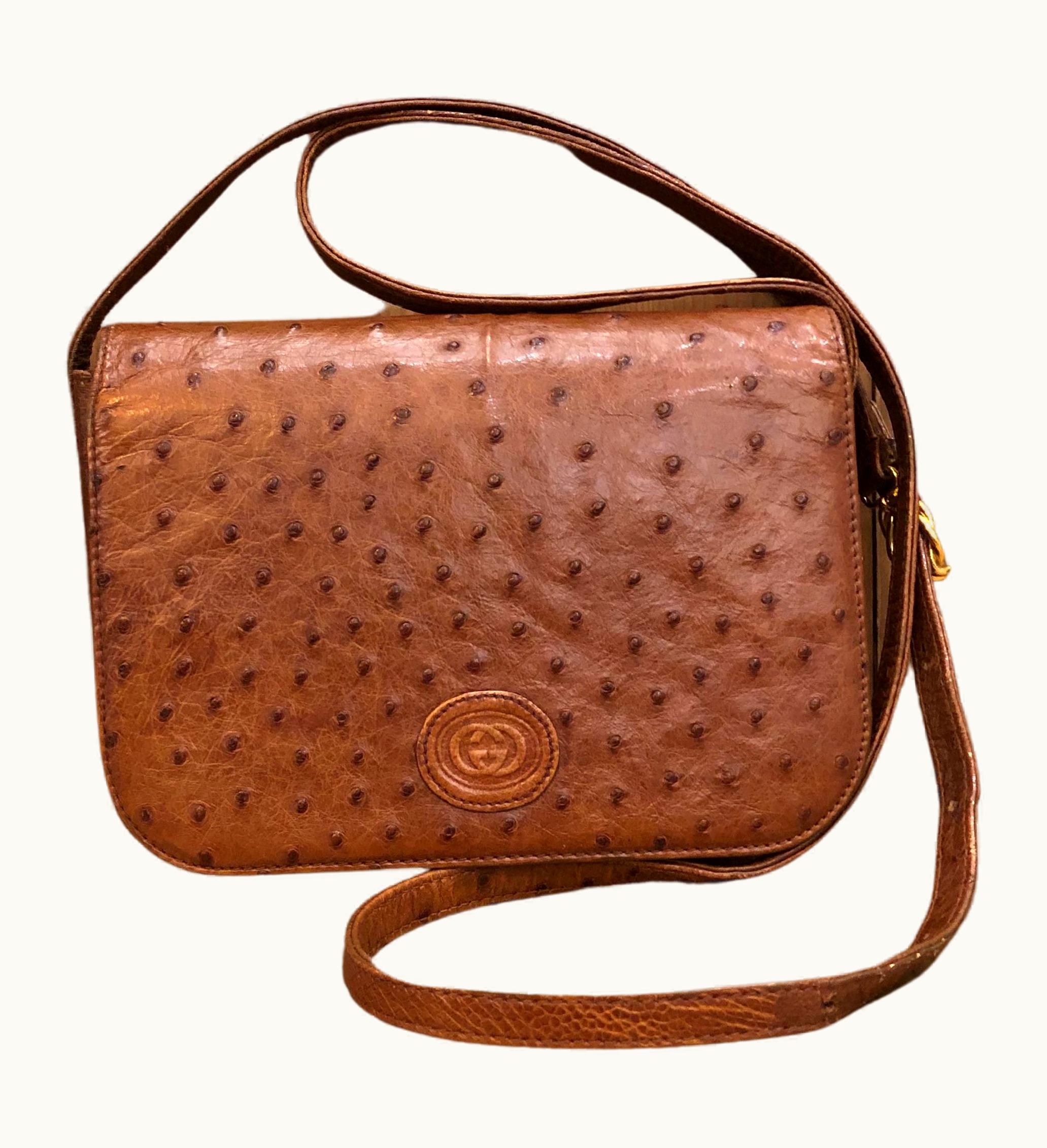Gucci Vintage Gucci Brown Ostrich Leather Small Crossbody Bag