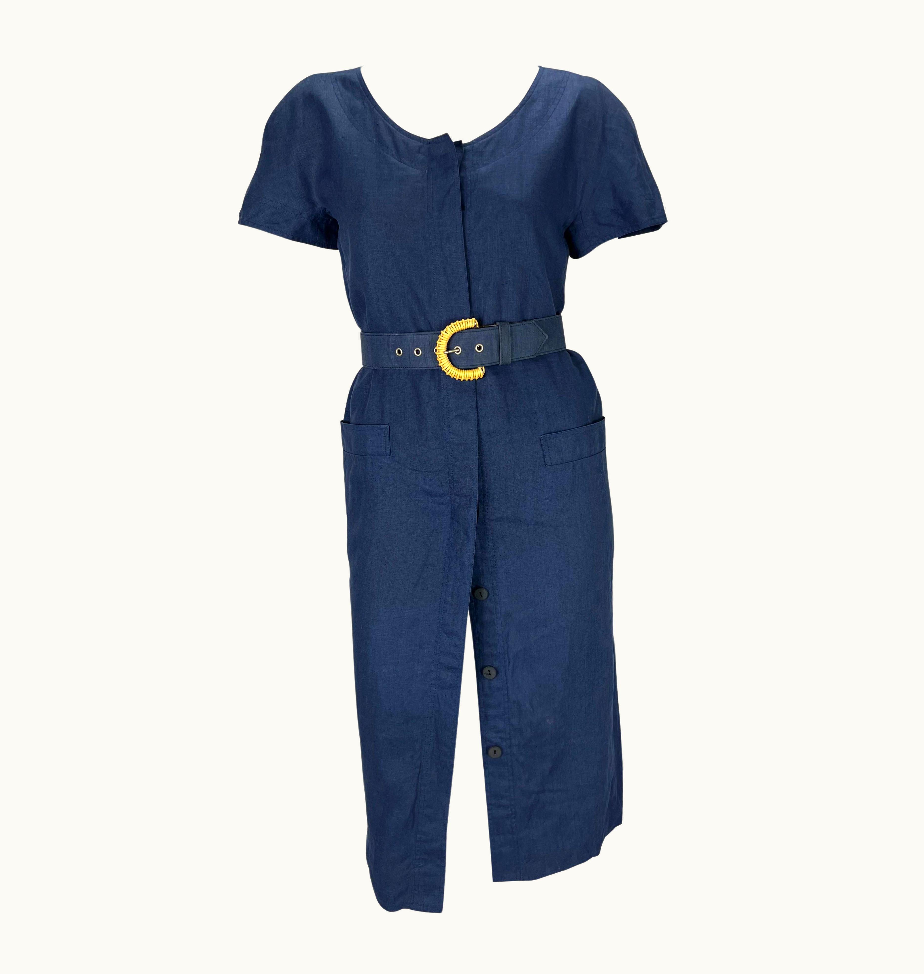 Gucci 1980s Gucci Wicker Belted Linen Navy Button-Up Shift Dress