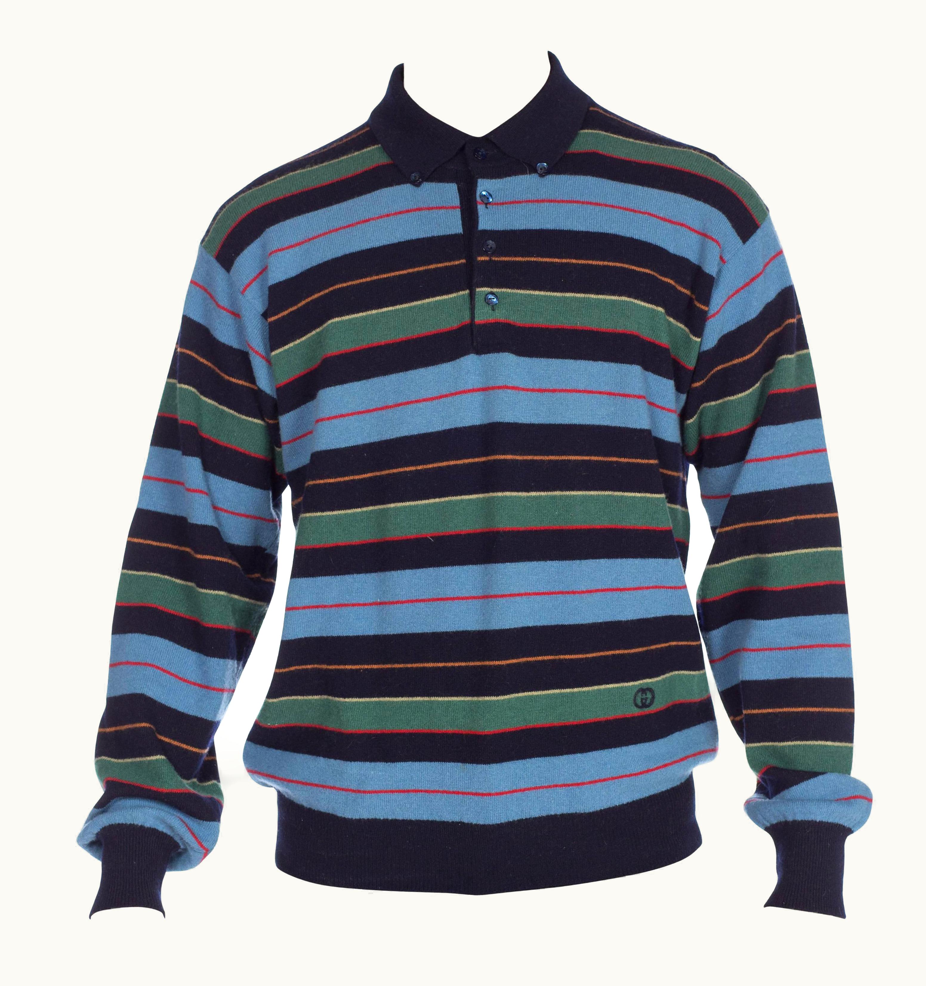 Gucci 1980s Gucci Blue & Green Striped Wool Knit Polo Neck Sweater With Logo Buttons