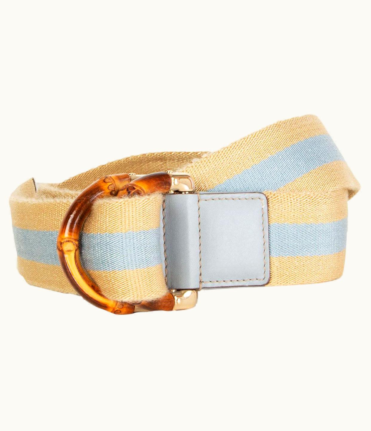 Gucci Light Beige & Blue Web Stripe Bamboo Buckle Belt