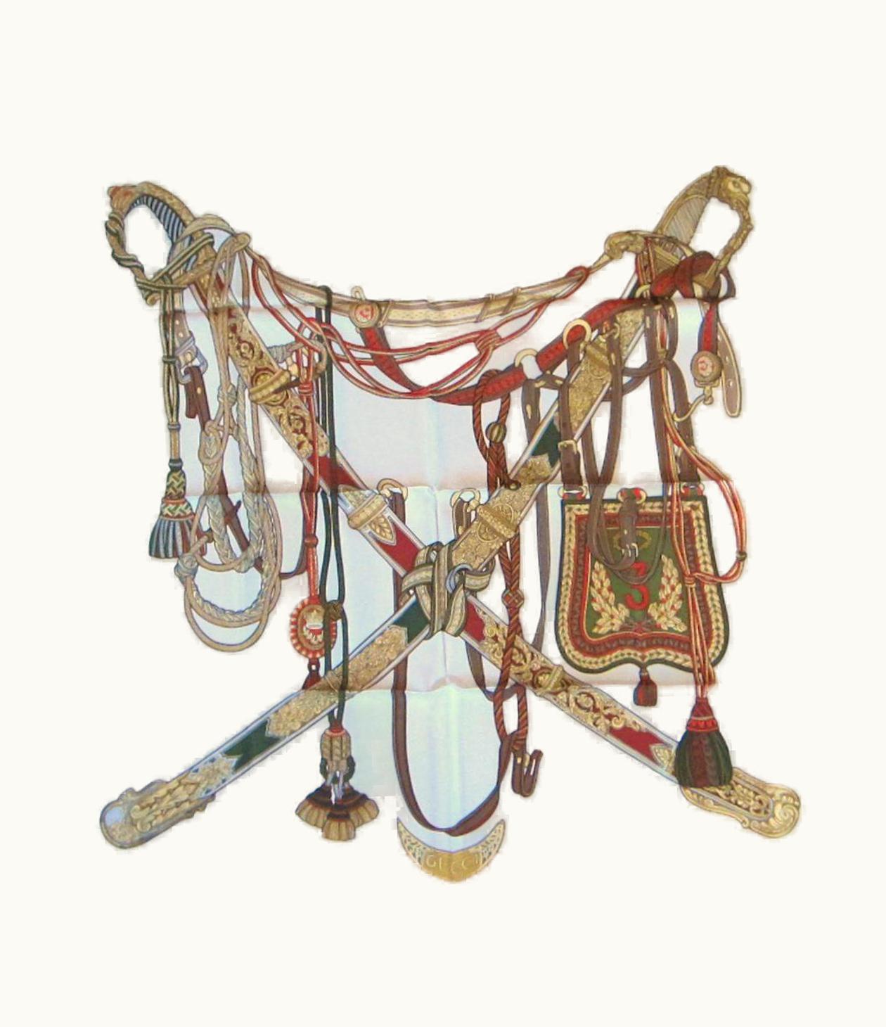 Gucci Silk Scarf Horse Bridles Napoleonic Swords New, Never Worn 1980s