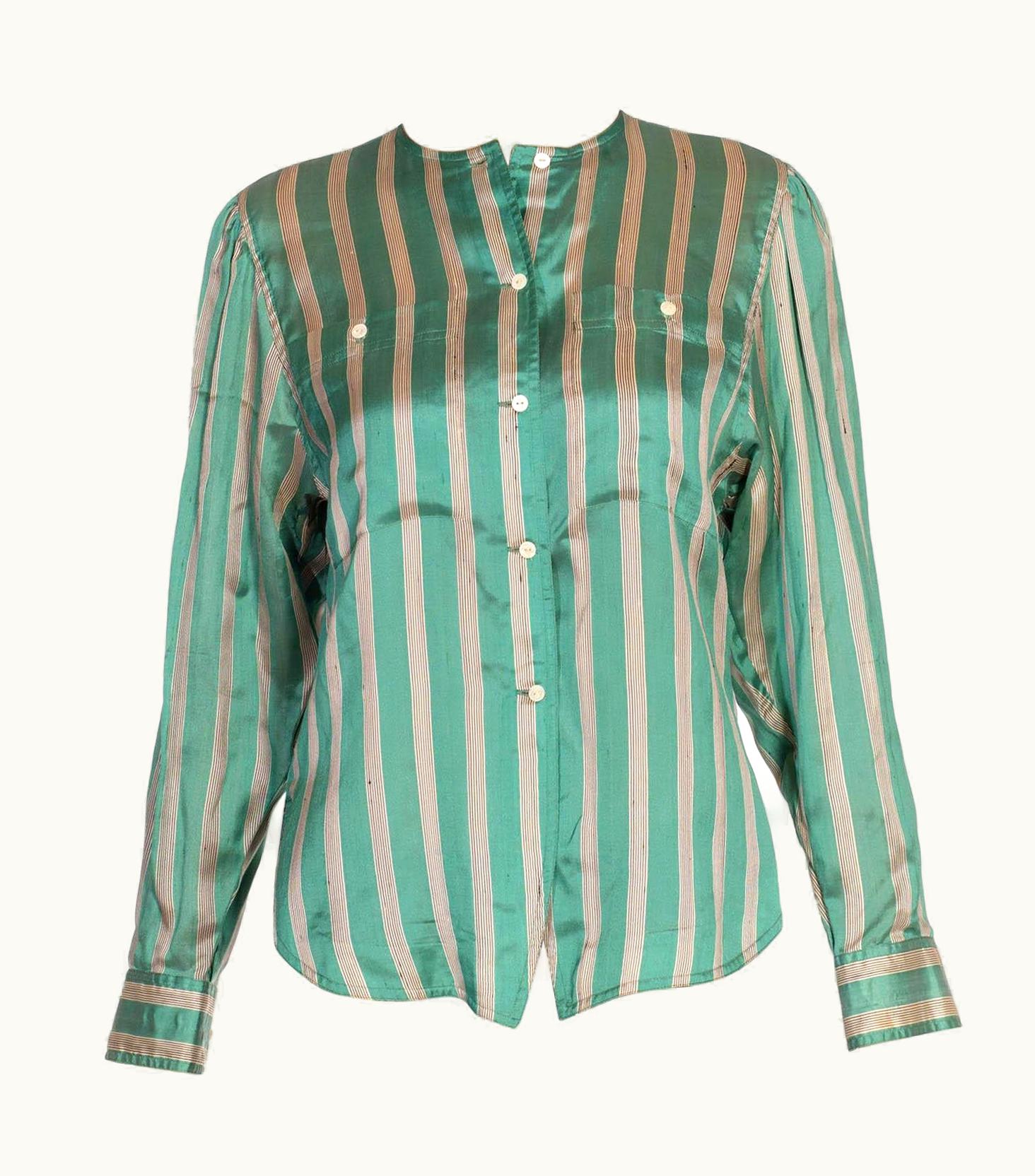 Gucci 1980s Gucci Teal & Cream Silk Stripped Button Down Blouse