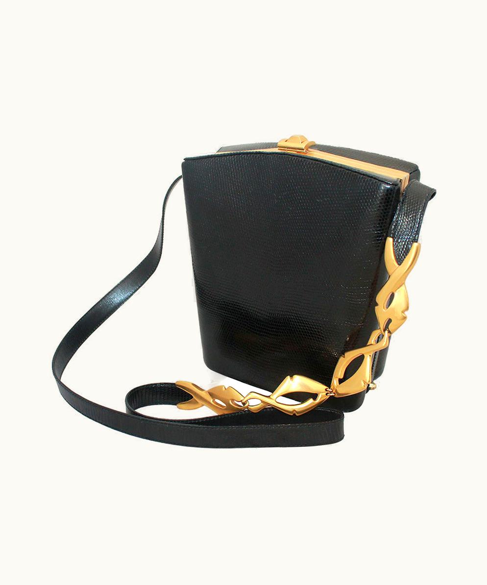 Gucci 1980' Black Lizard & Gold Chain Crossbody Bag
