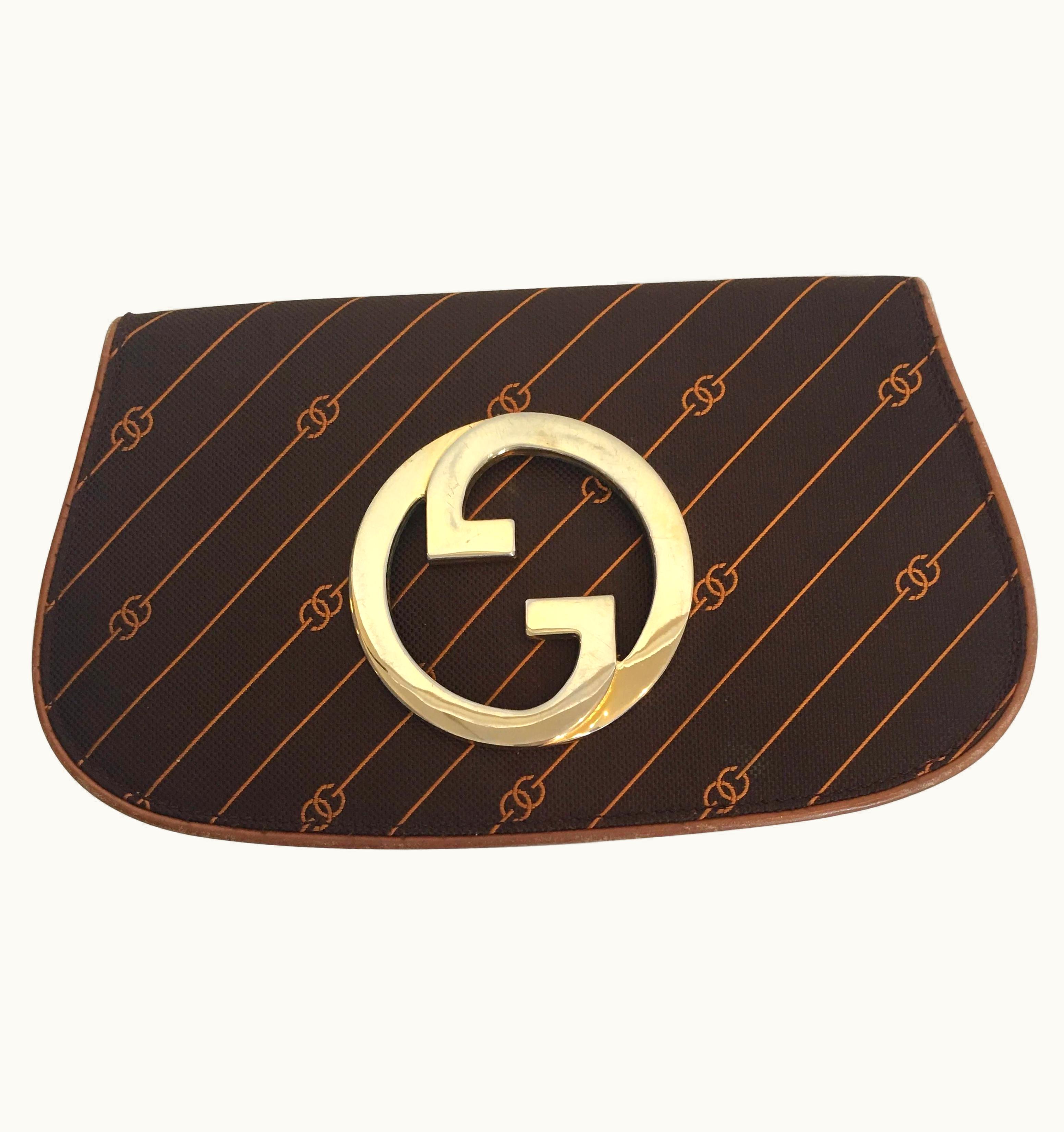 Gucci 1980' Brown Logo Clutch WS/S Gold Emblem
