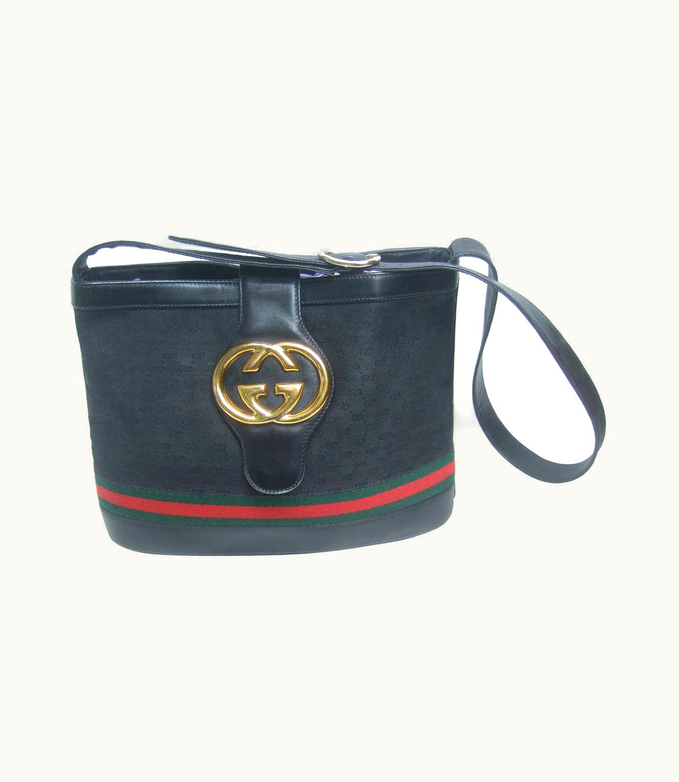 Gucci Black Leather Canvas Shoulder Bag C 1980