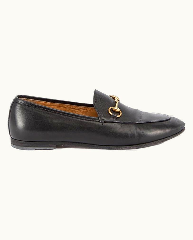 Gucci Women' Black Leather Jordaan Horsebit Loafers