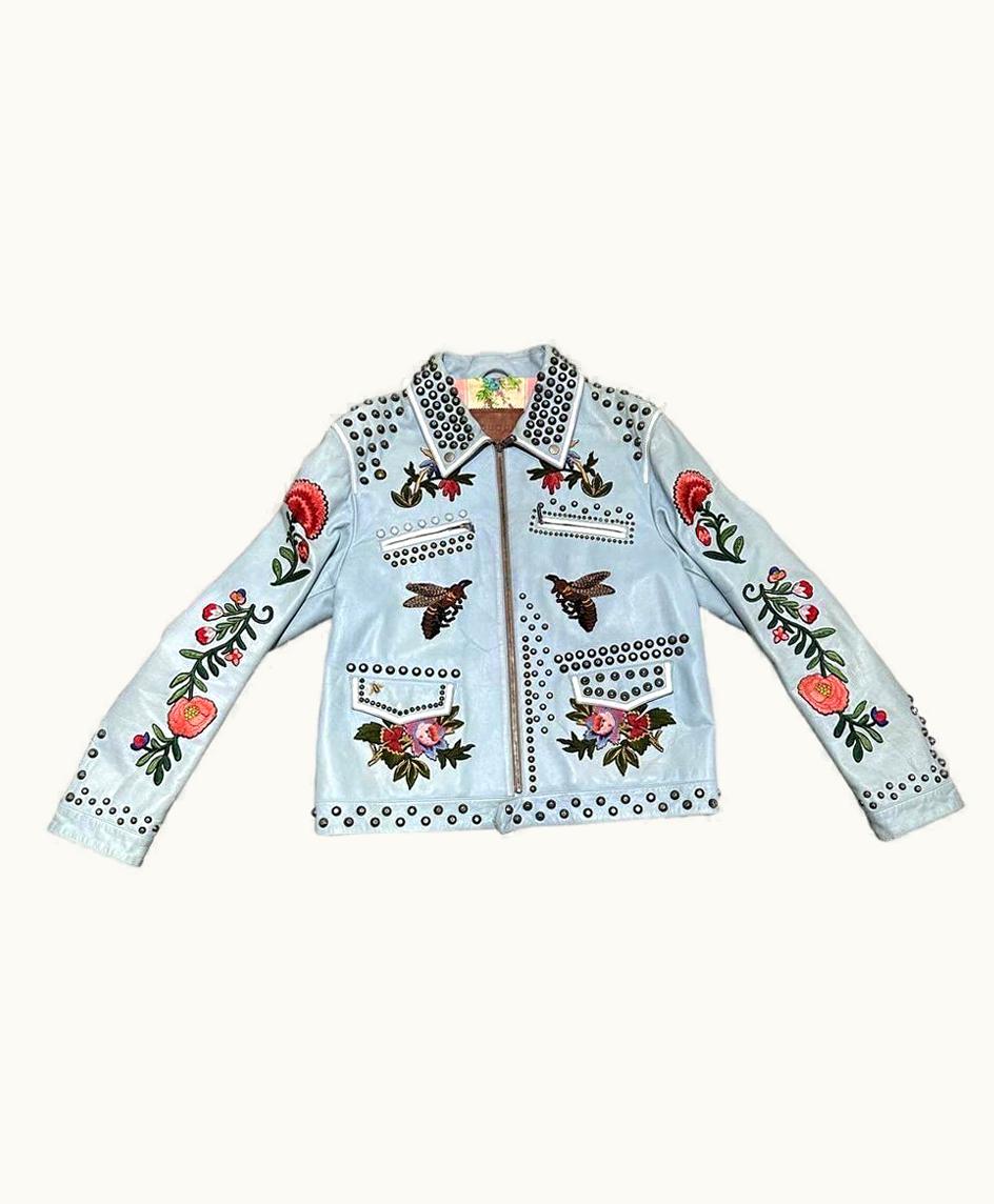 Gucci Leather Jacket Light Blue Floreal Embroidery