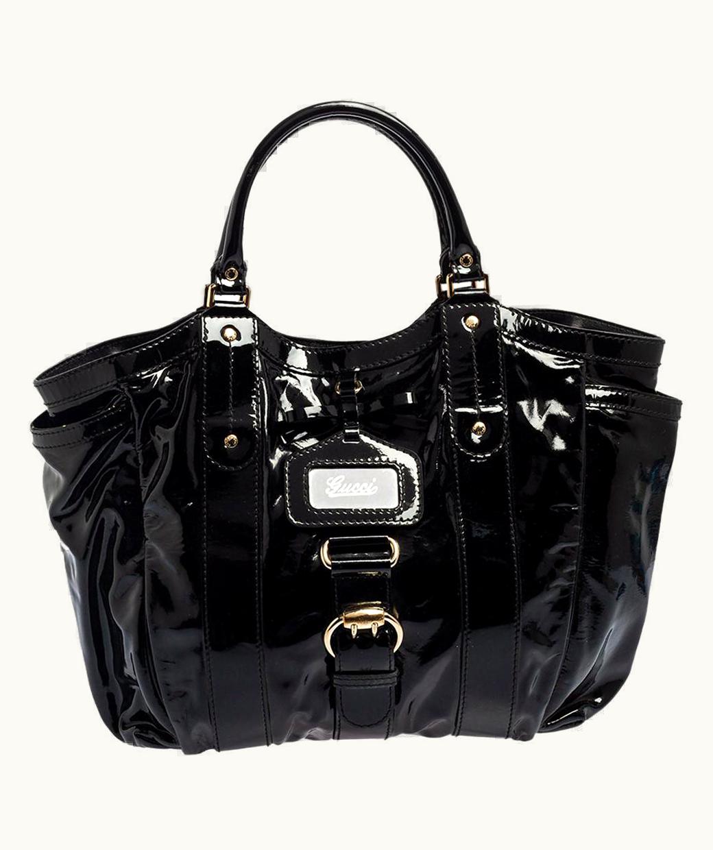 Gucci Black Patent Leather Buckle Shopper Tote