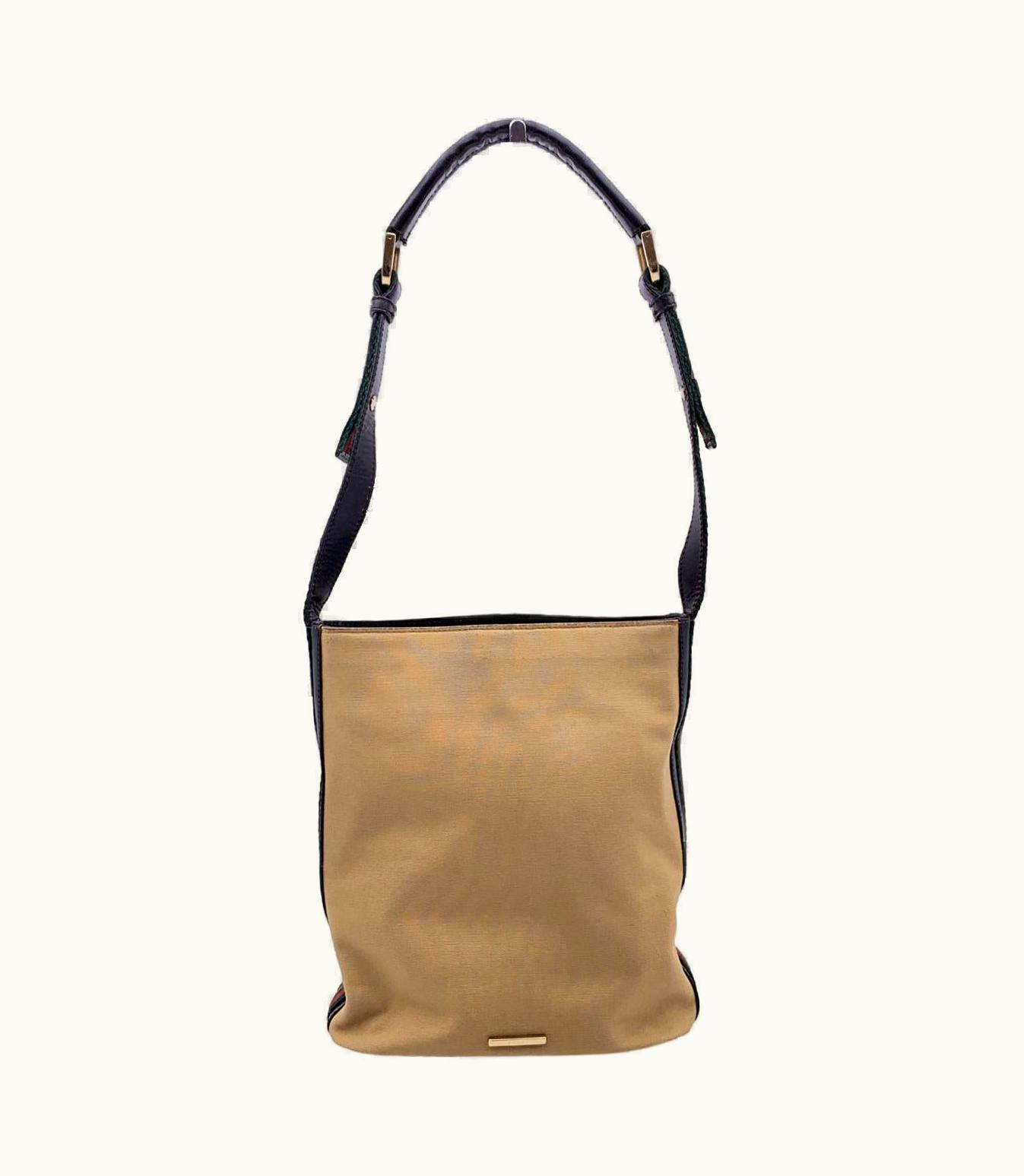 Gucci Signature Web Bucket Shoulder Bag Beige Canvas Brown Leather Green/Red/Green Gold Metal Hardware Solid Pattern