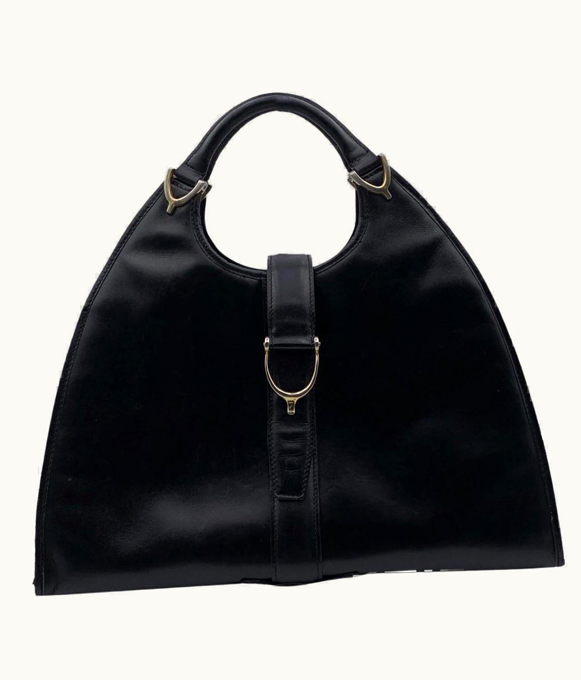 Gucci Vintage Black Leather Stirrup Hobo Bag Handbag