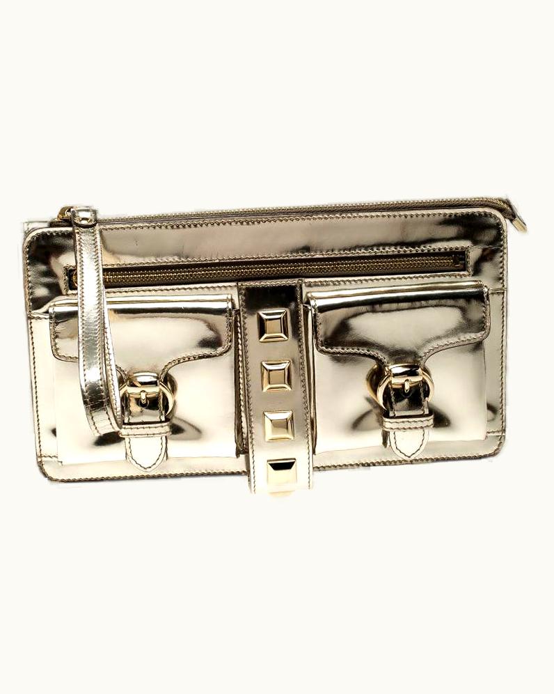 Gucci Light Gold Patent Leather Studded Evening Wristlet