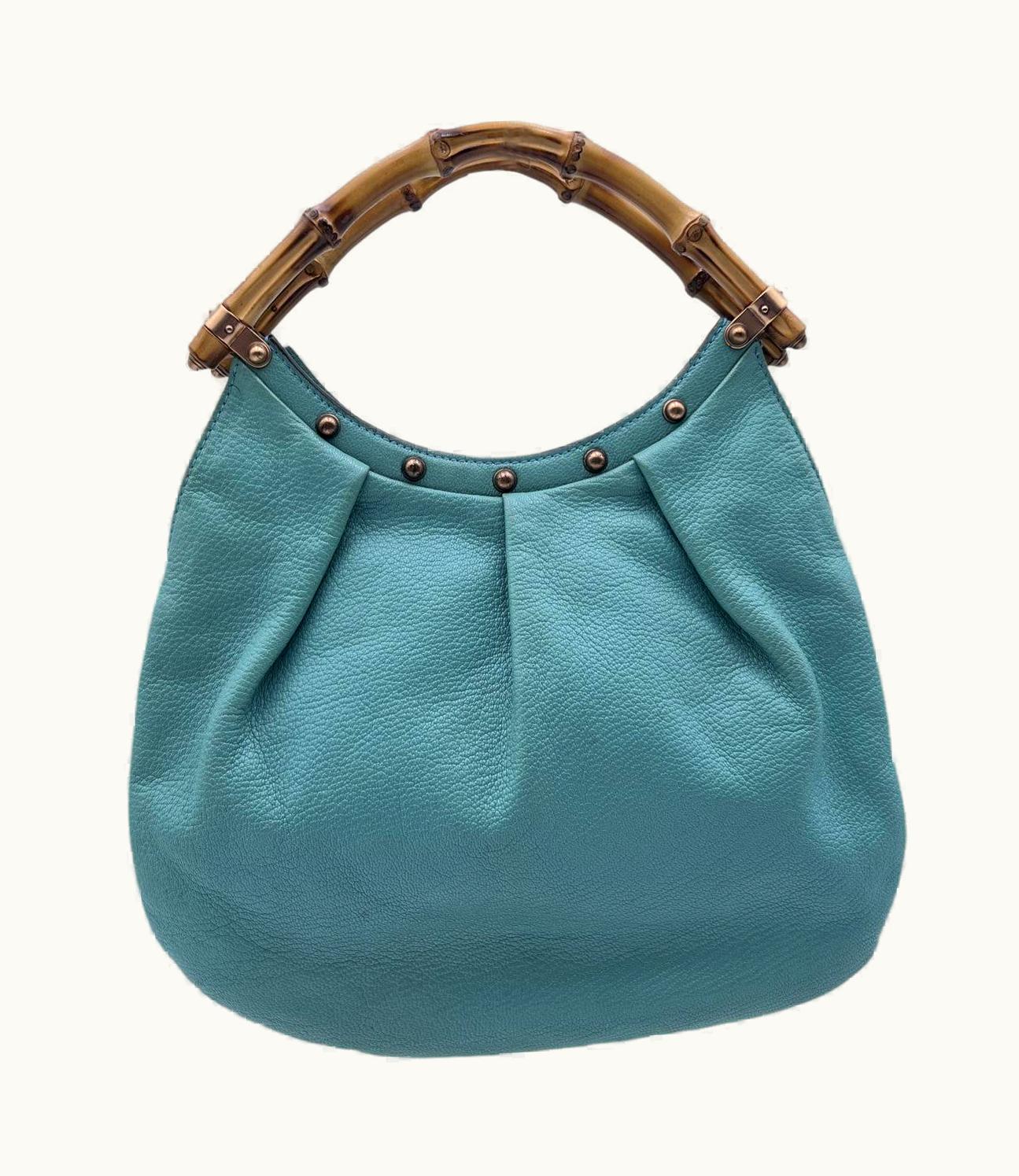 Gucci Turquoise Leather Bamboo Studded Handbag Tote Bag