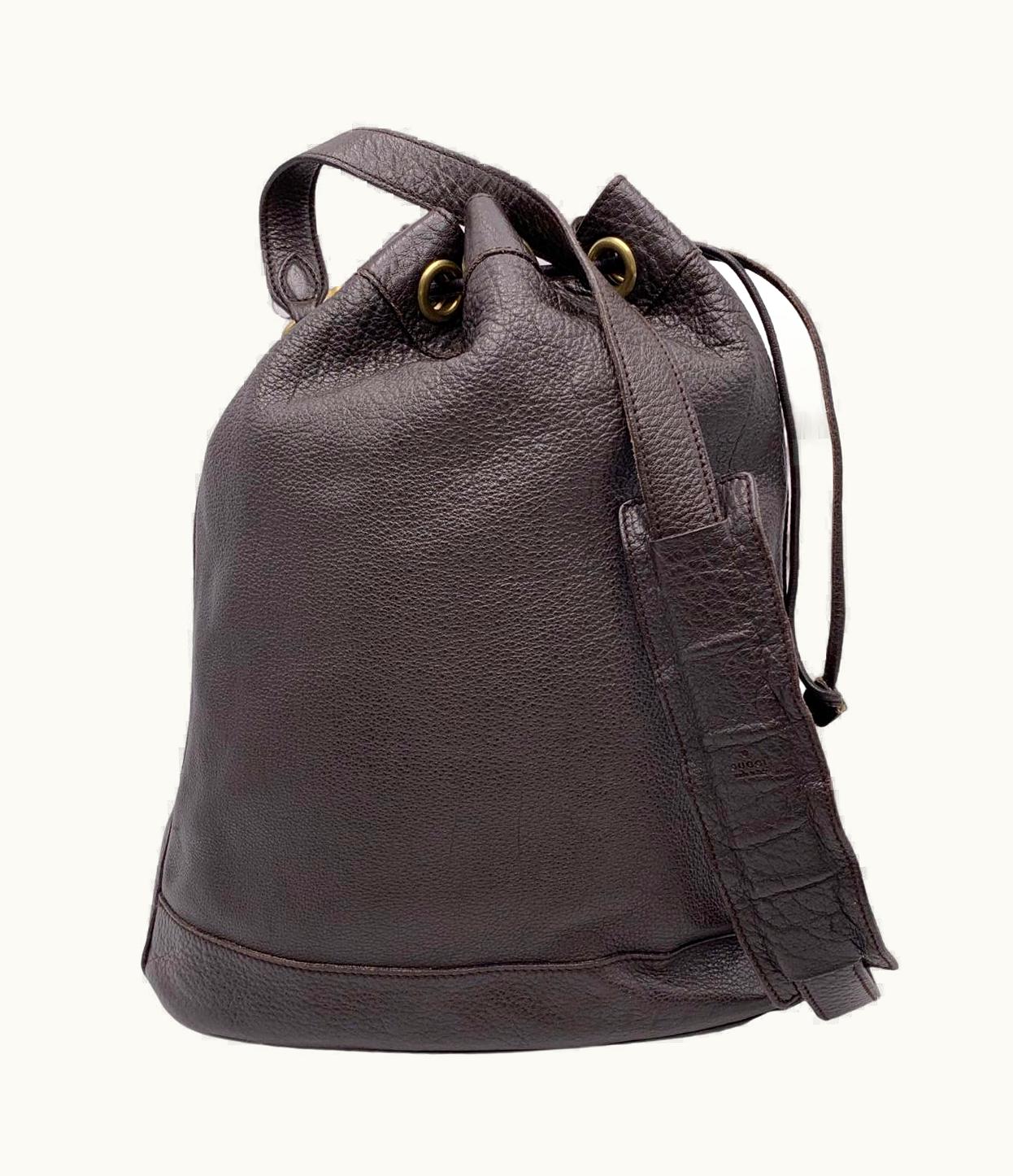 Gucci Dark Brown Leather Drawstring Bucket Shoulder Bag