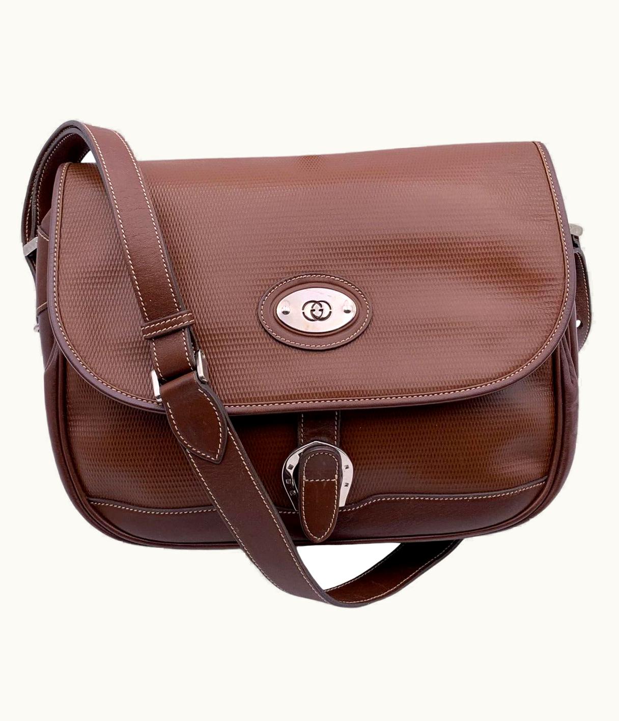 Gucci Vintage Brown Leather Flap Crossbody Messenger Bag