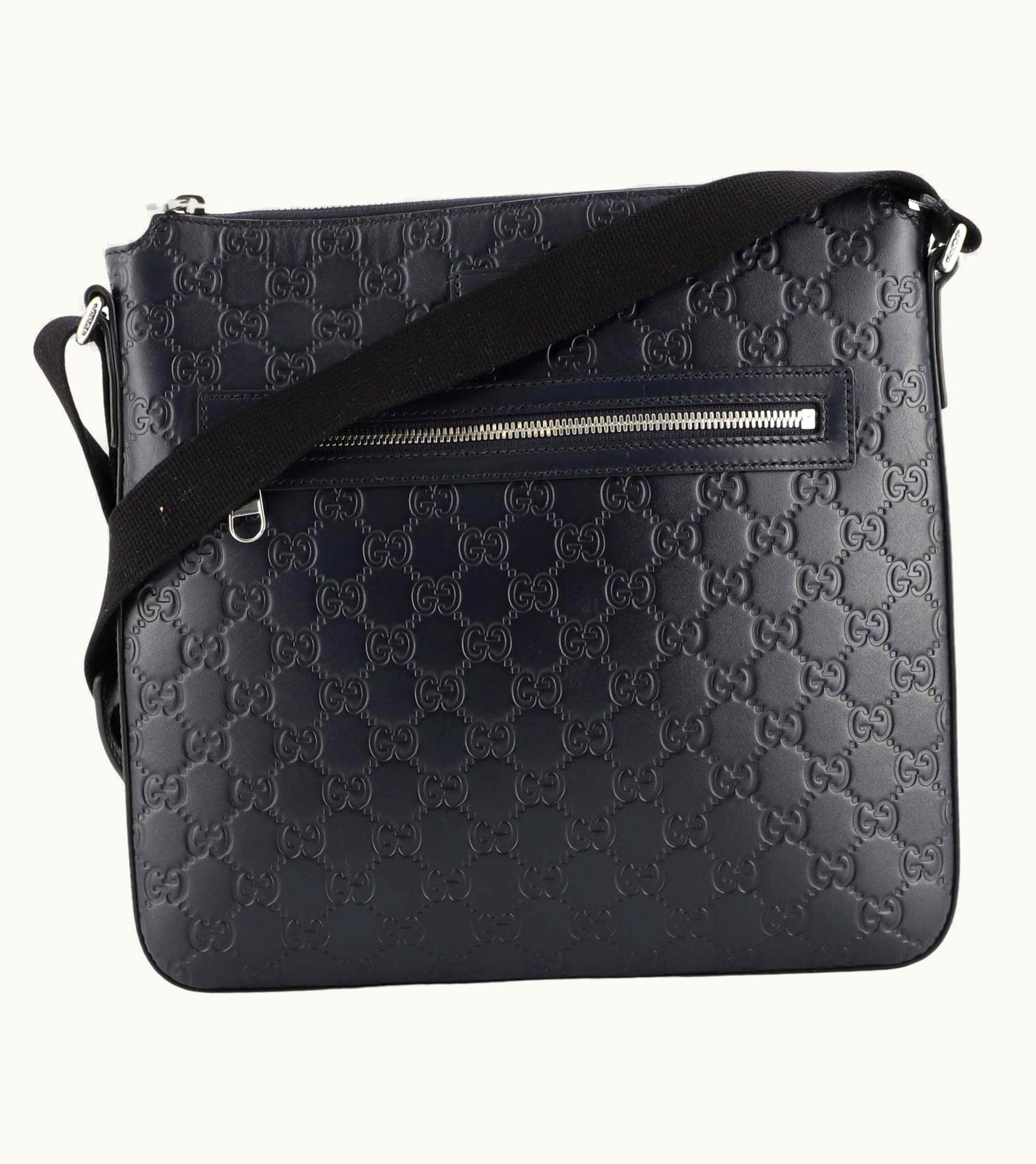 Gucci Signature Zip Messenger Bag Guccissima Leather Medium Blue Brown Silver