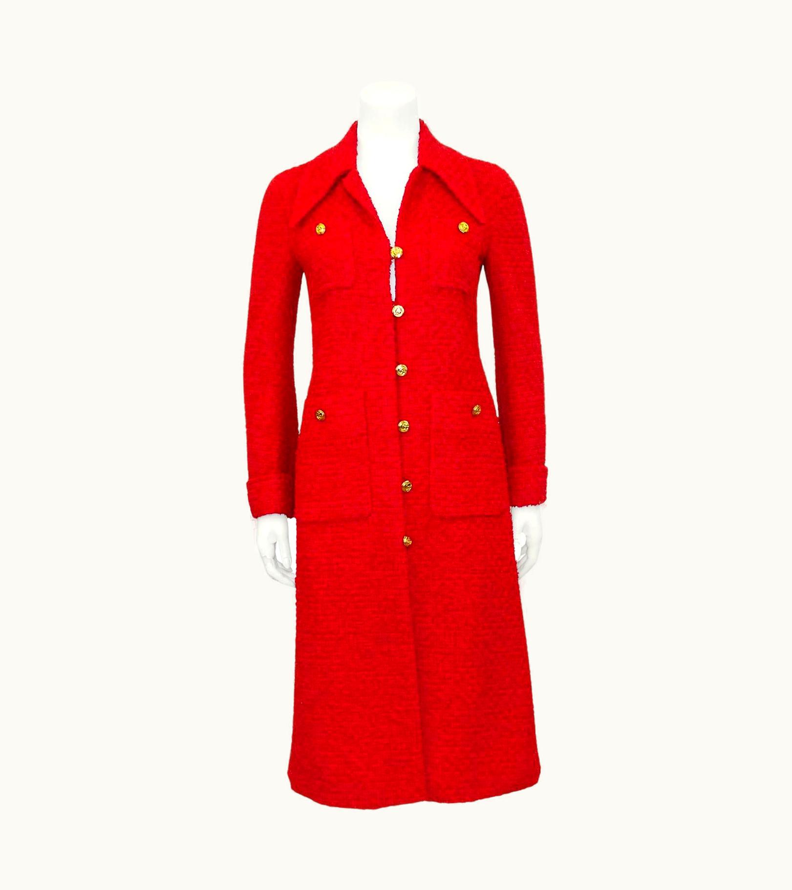 Gucci Red Tweed Long Jacket With Gold Buttons