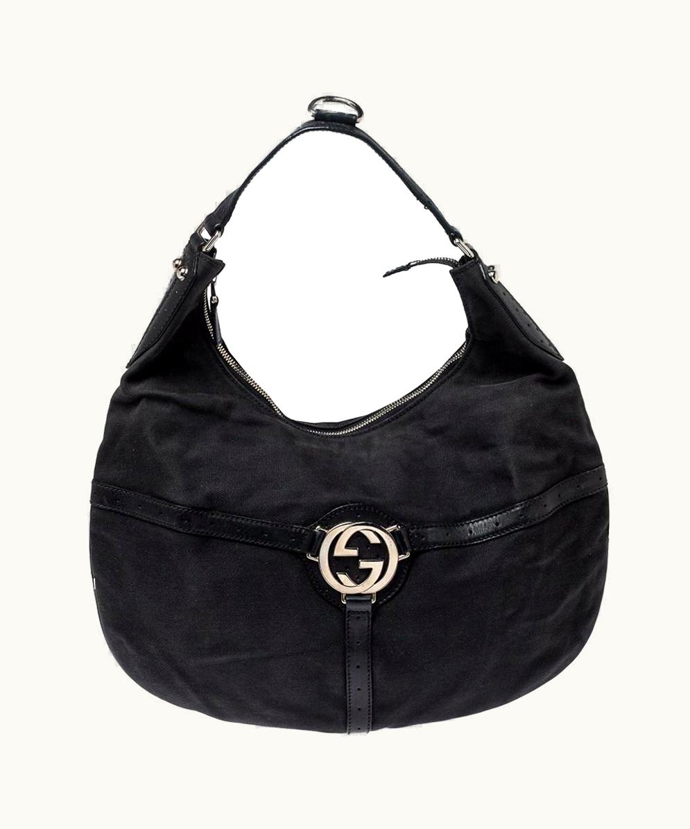 Gucci Black Canvas And Perforated Leather Reins Hobo