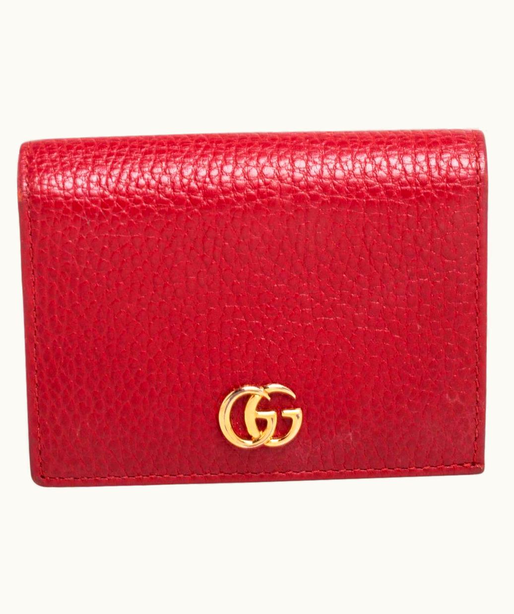 Gucci Red Leather Gg Marmont Flap Card Case