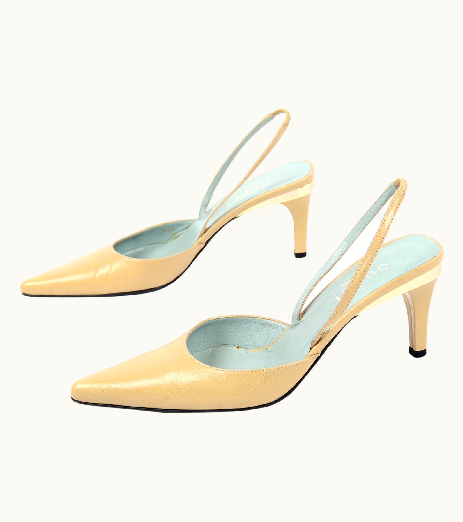 Gucci Slingback Beige Tan Heels With Gold Bands