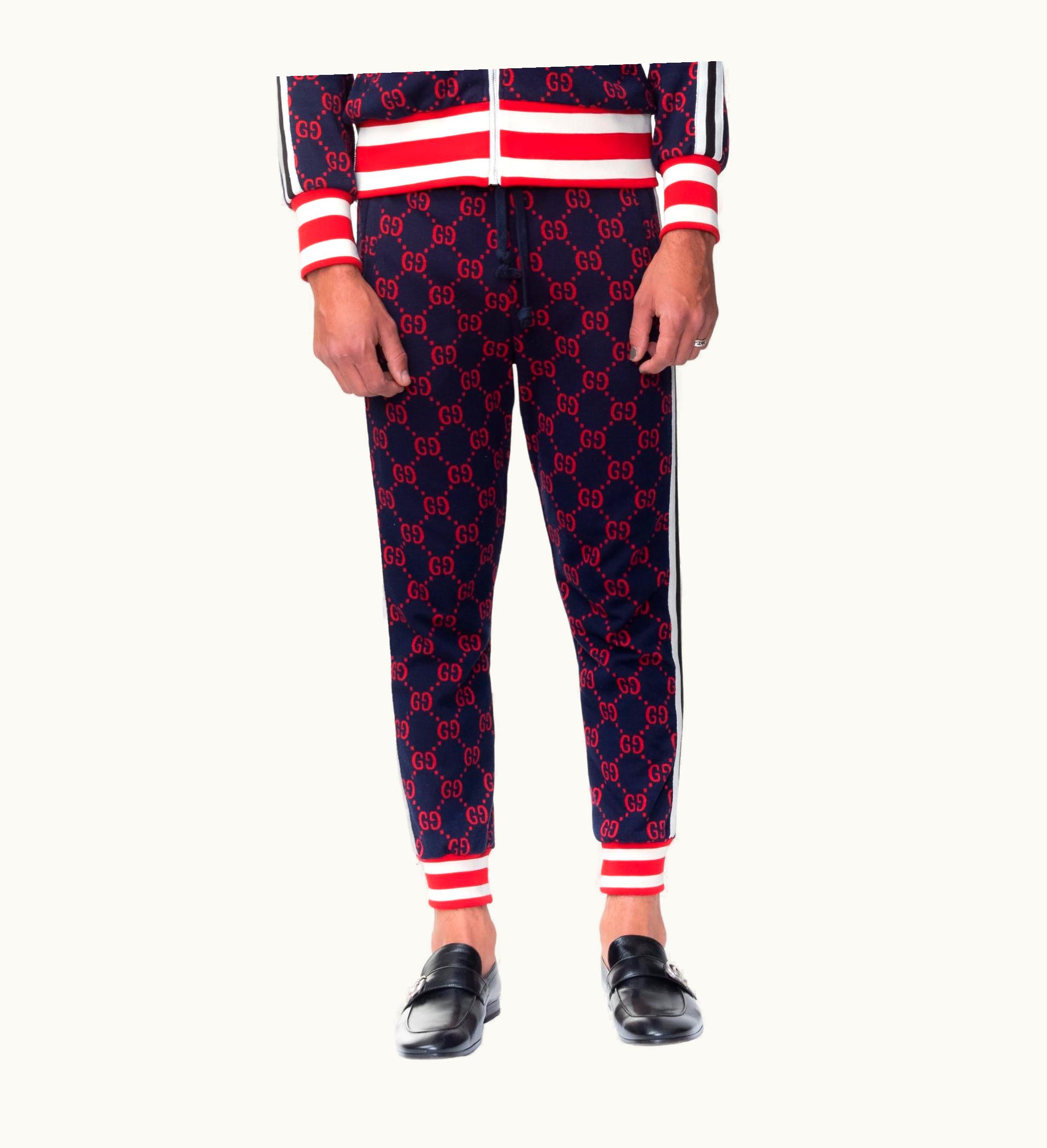 Gucci Gg Monogram Red Jacquard Navy Pants (m)