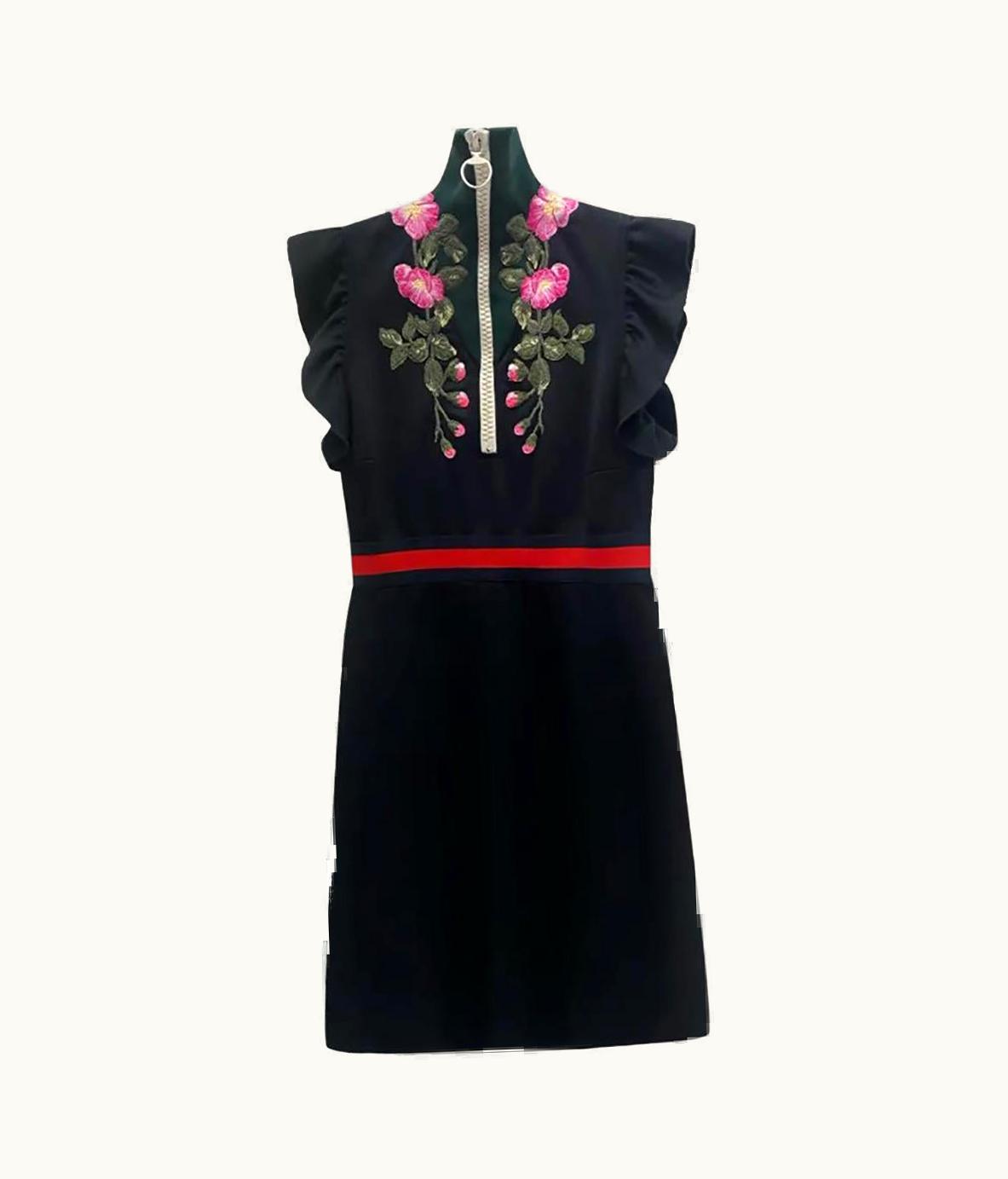 Gucci Gucci Black Floral Embroidered Flared Dress