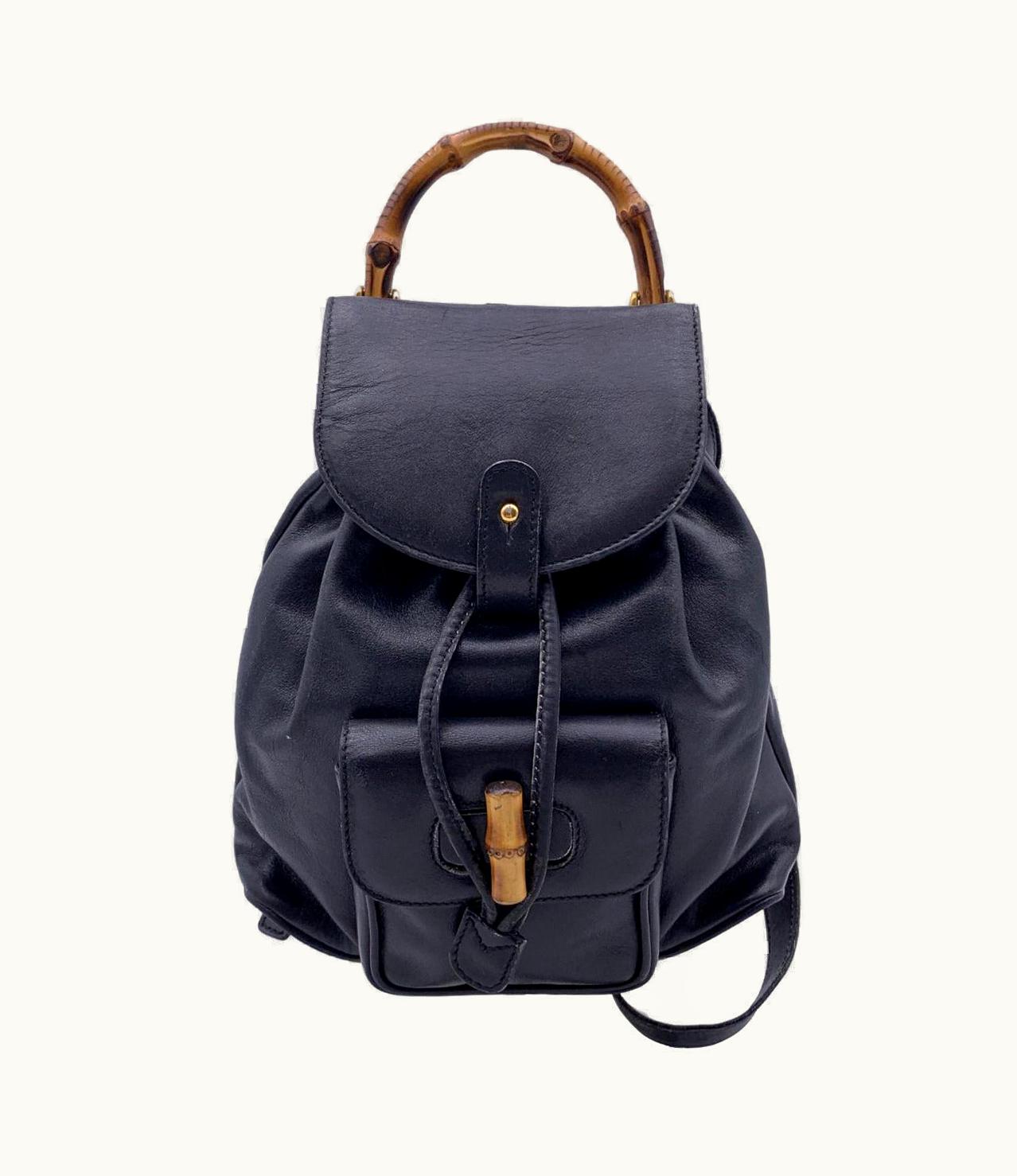 Gucci Gucci Vintage Black Leather Small Bamboo Backpack Shoulder Bag