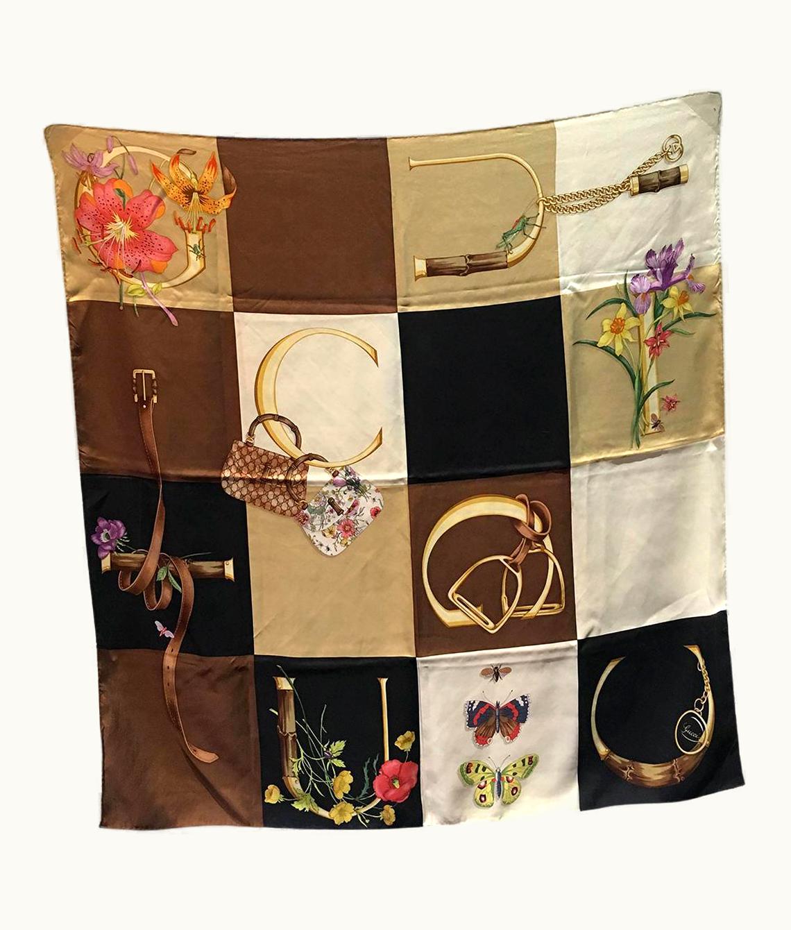 Gucci Vintage Gucci Iconic Logo Floral Butterfly Print Silk Scarf