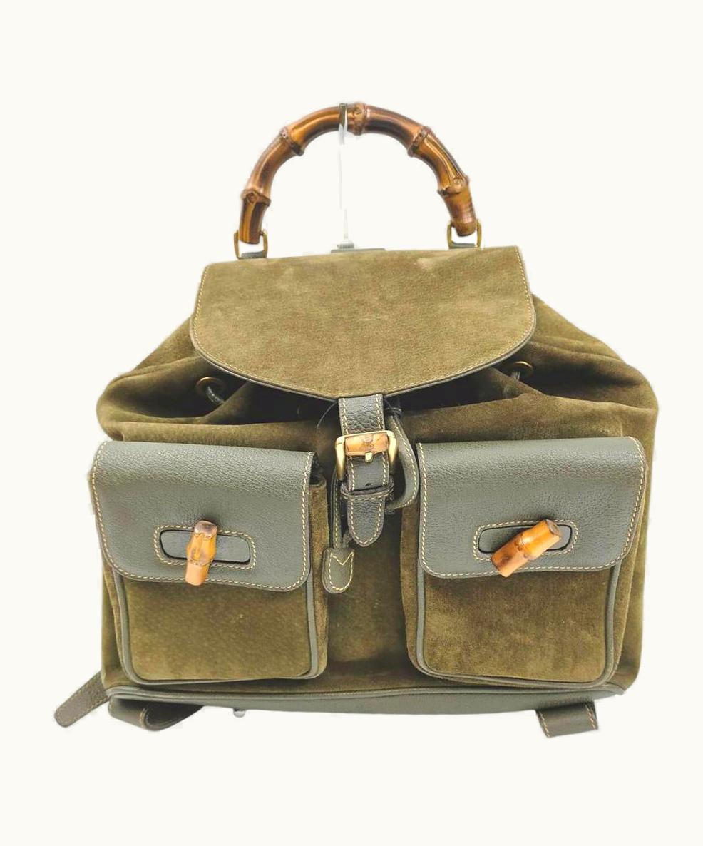 Gucci Gucci Olive Brown Khaki Suede Bamboo Backpack