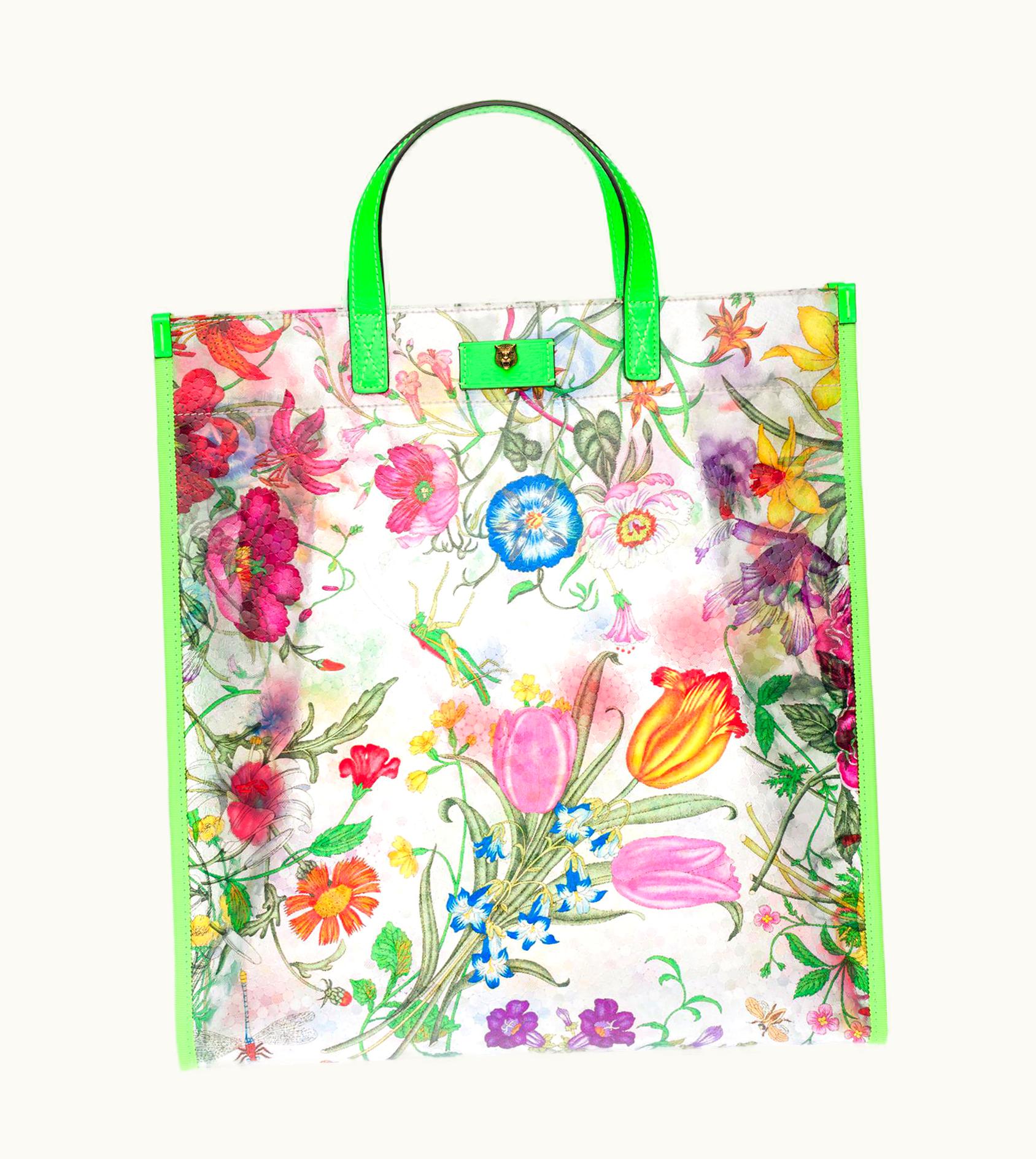 Gucci Brand S/S Gucci Flora Tote In Green Print Vinyl