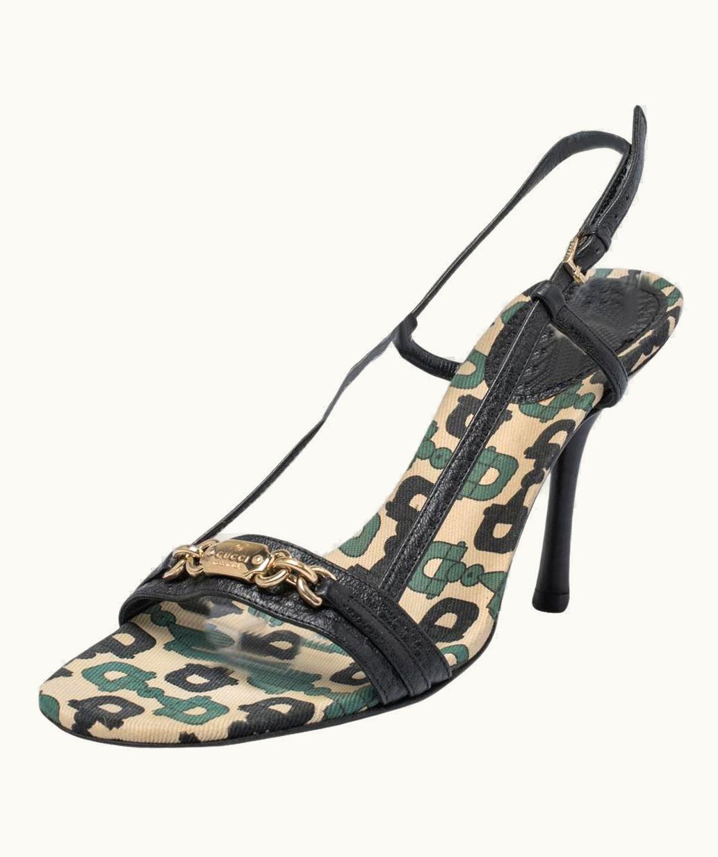 Gucci Gucci Black/Green Leather Gucci Embellished Slingback Sandals