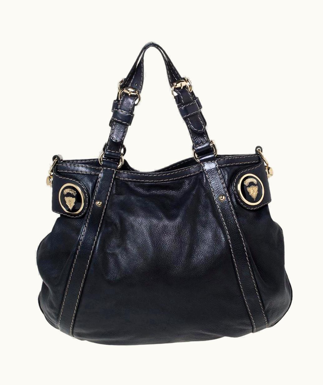 Gucci Gucci Dark Blue Leather Crest Embellished Shoulder Bag