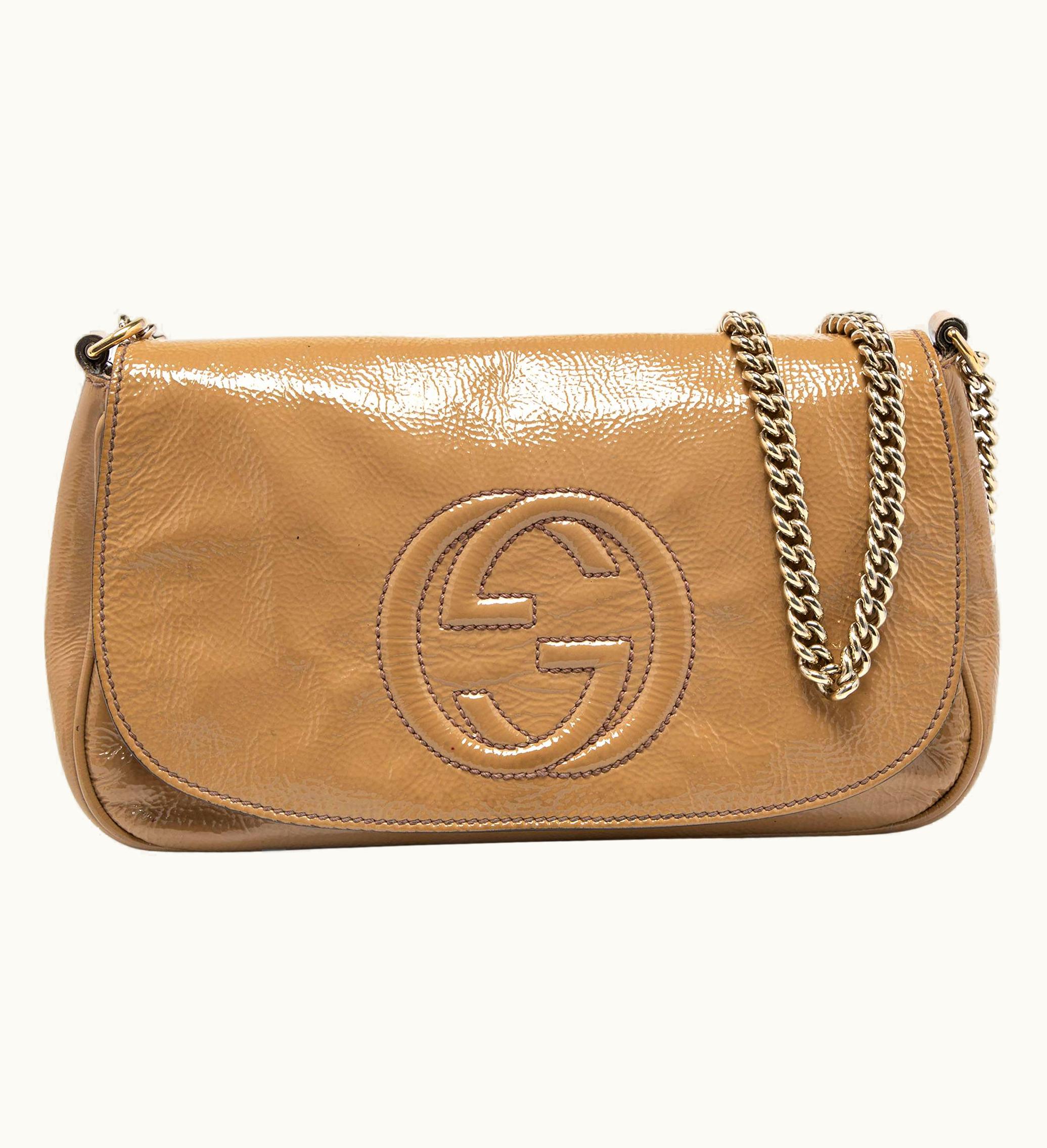 Gucci Gucci Beige Patent Leather Soho Flap Shoulder Bag