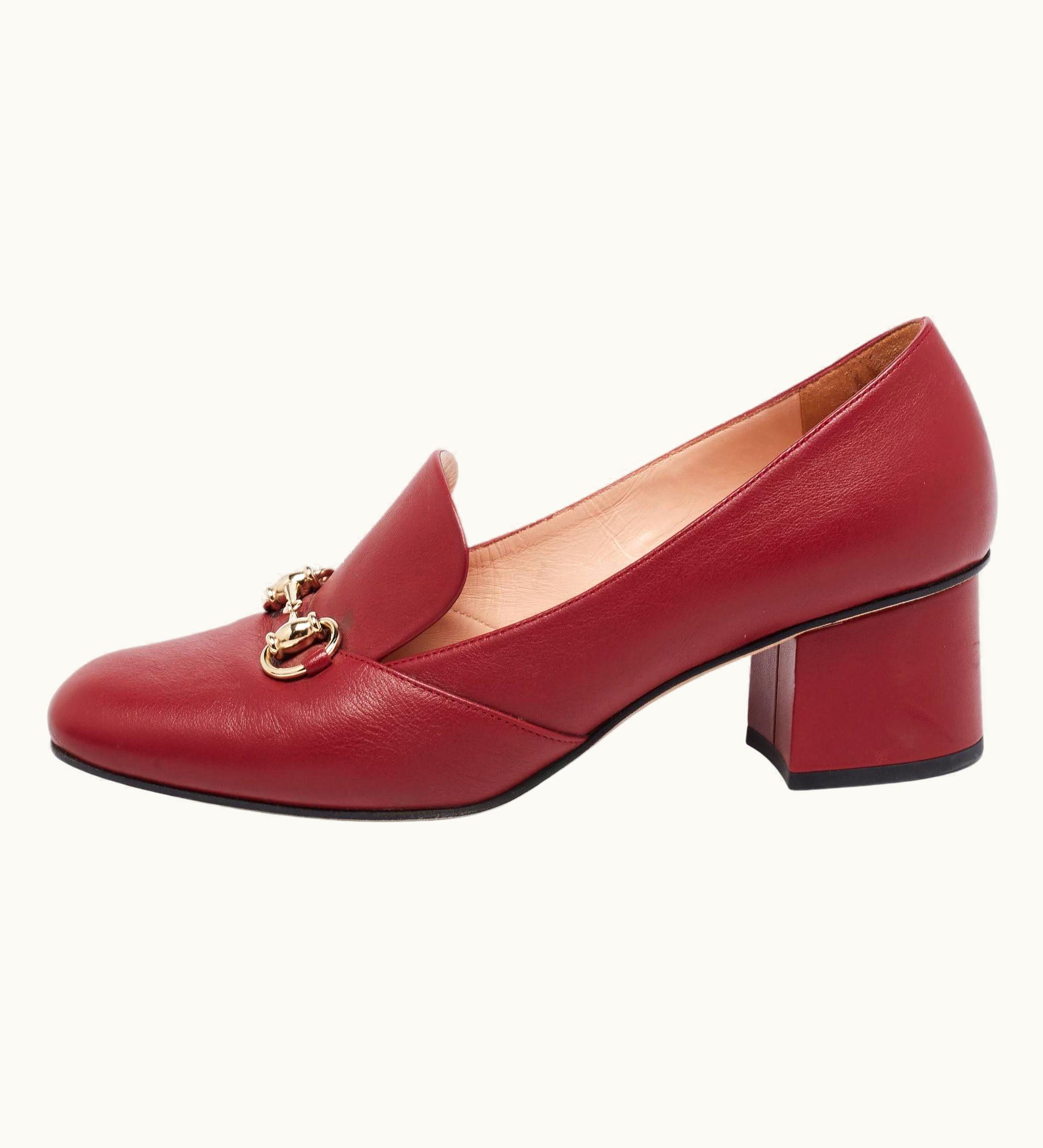 Gucci Gucci Burgundy Leather Horsebit Block Heel Pumps