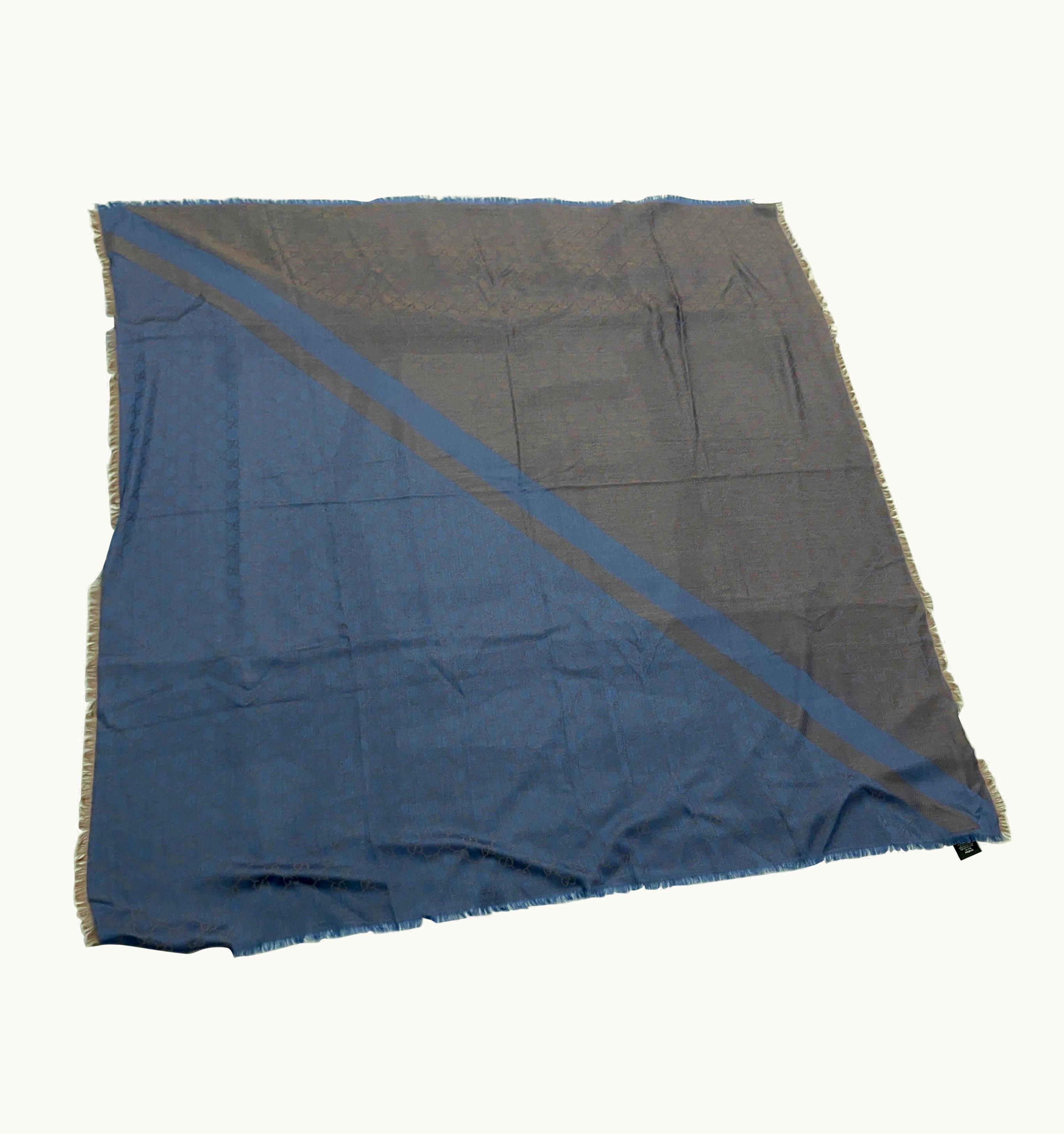 Gucci A Gucci Blue Scarf In Wool And Silk With Gucci Motif Continuous Logo