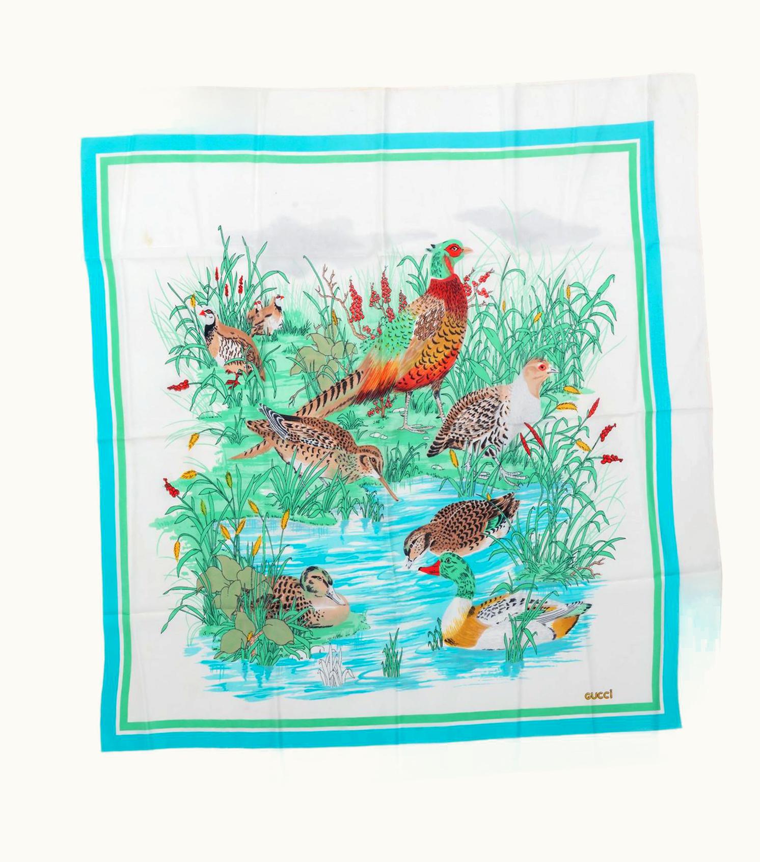 Gucci Gucci Birds White & Green Silk Scarf