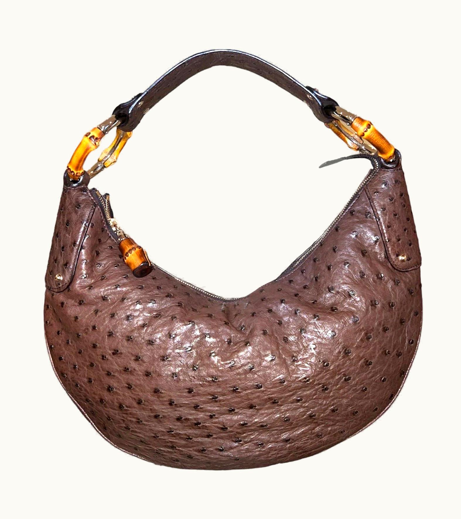 Gucci Unworn Brown Gucci Ostrich Bamboo Detail Shoulder Bag - Full Set