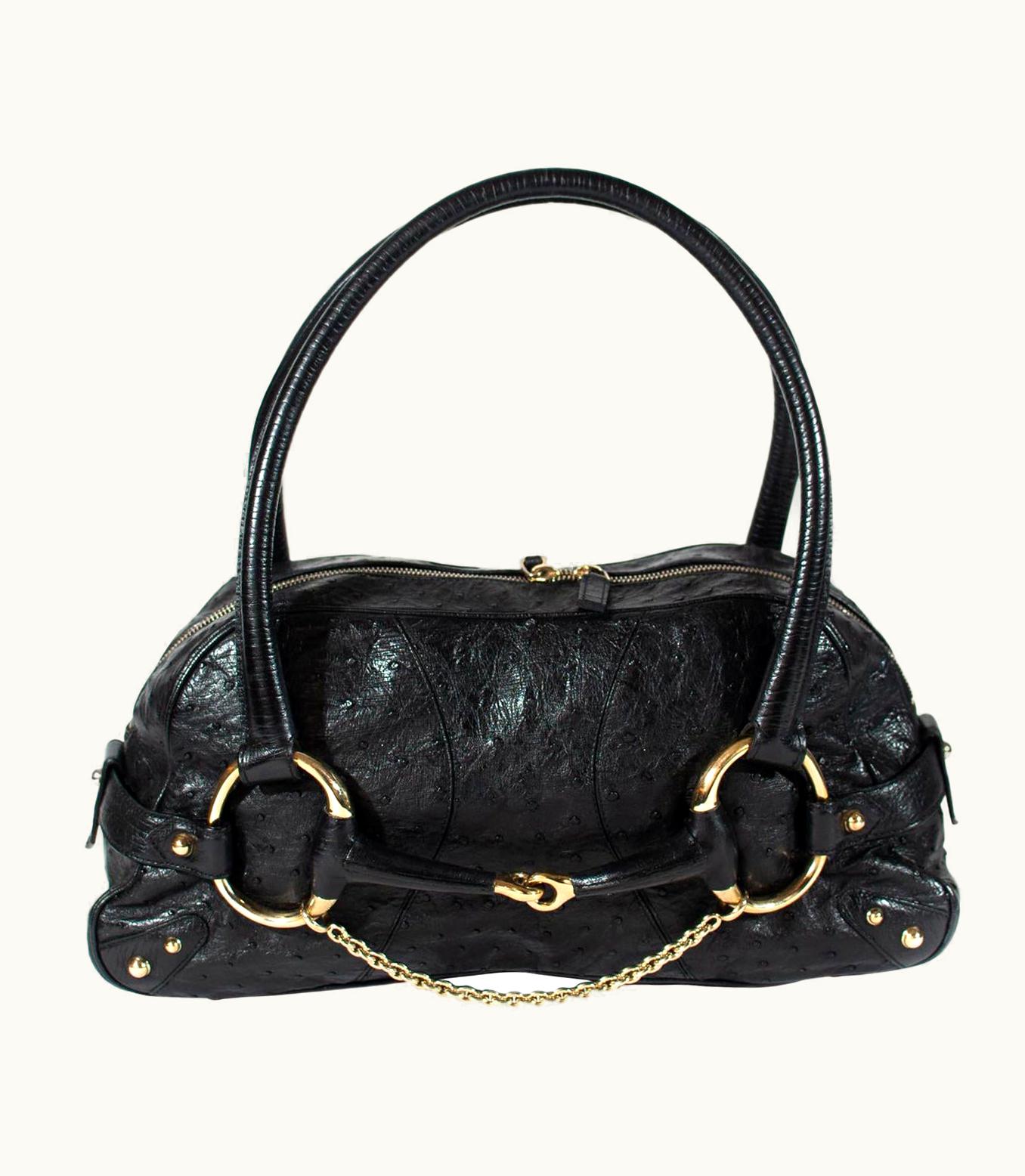 Gucci Gucci By Tom Ford Black Ostrich Leather Horsebit Oversized Shoulder Bag