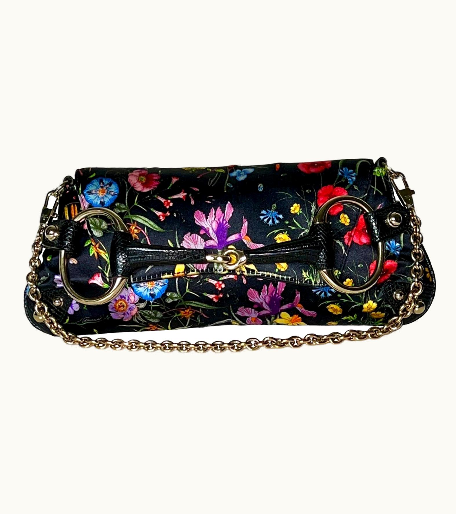 Gucci Gucci Limited Edition Exotic Lizard Satin Flora Print Horsebit Bag Clutch