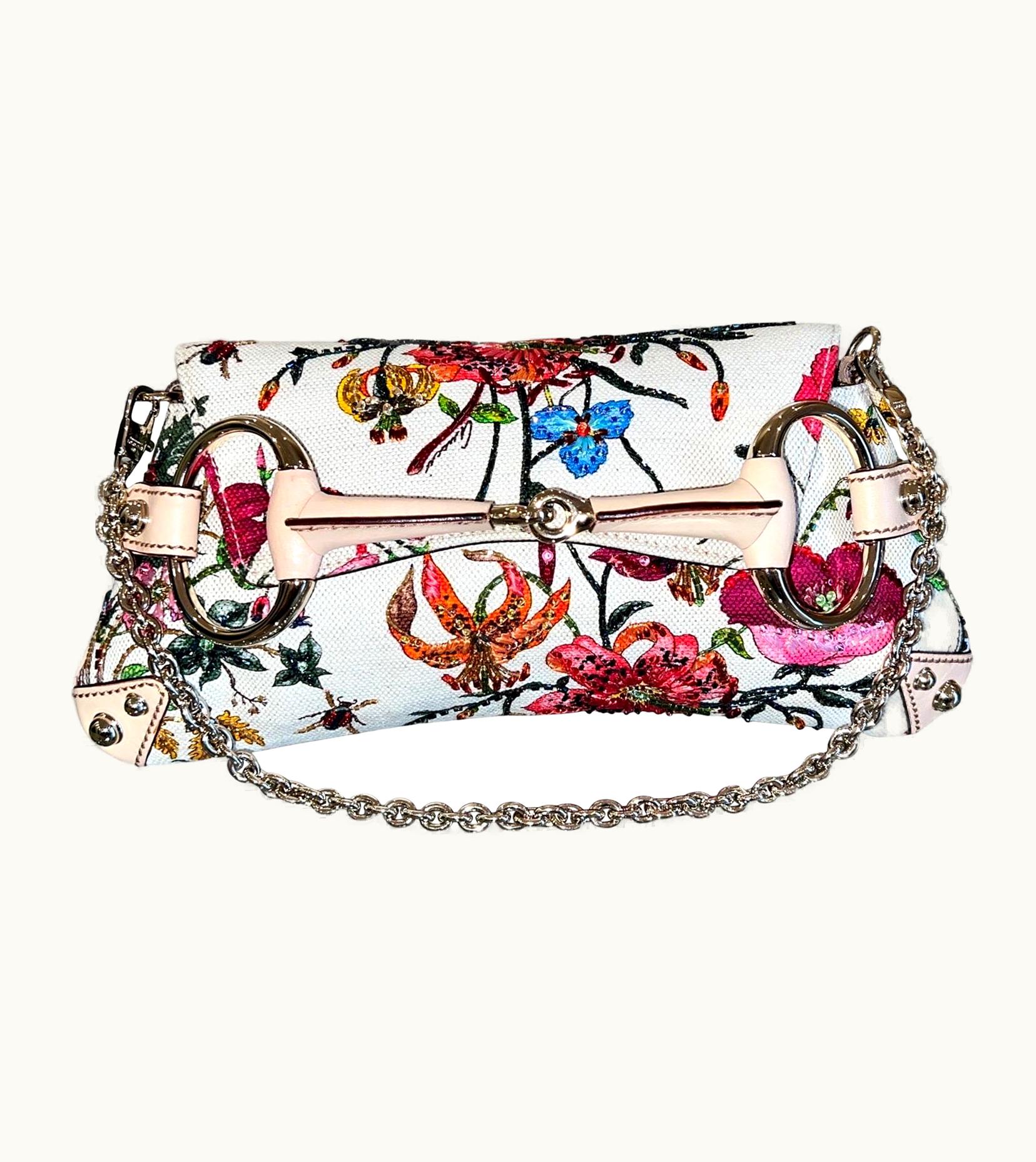Gucci Unworn Gucci Limited Edition Flora Print Beaded Embroidered Horsebit Bag Clutch