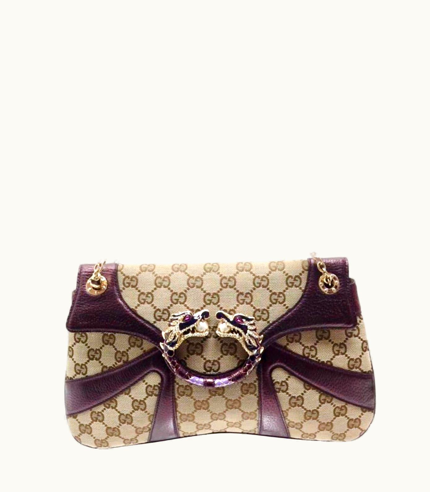 Gucci Unworn Gucci By Tom Ford 2004 Monogram Canvas Jeweled Dragon Bag Bamboo Chain
