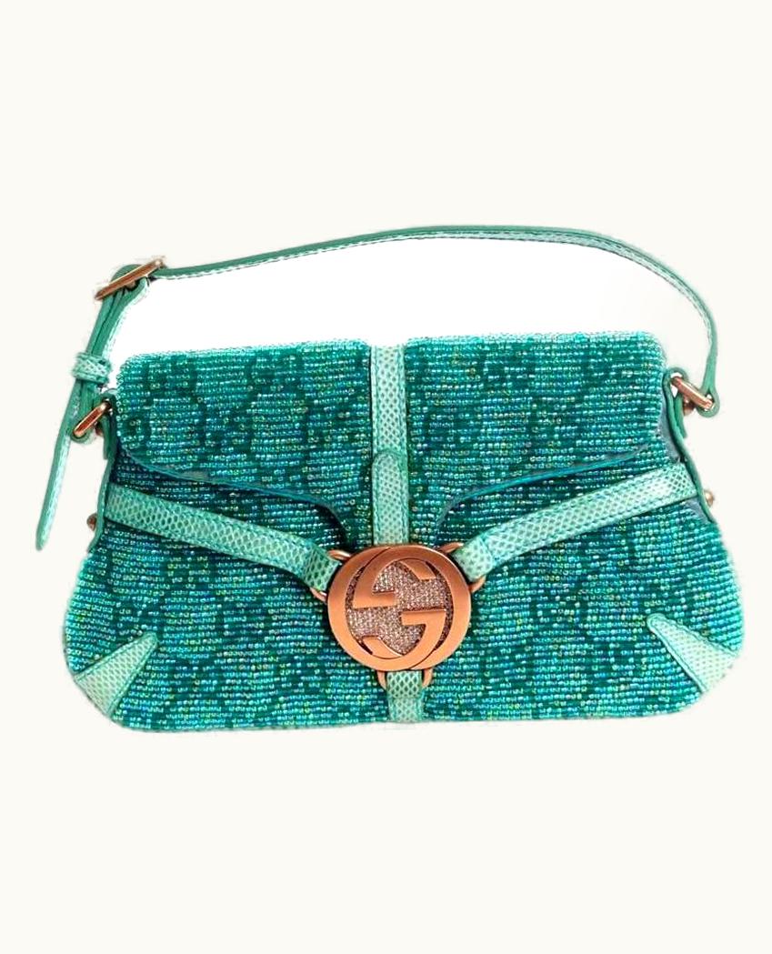 Gucci Unworn Gucci Turquoise Gg Monogram Crystals, Beaded Pearls & Lizard Skin Bag