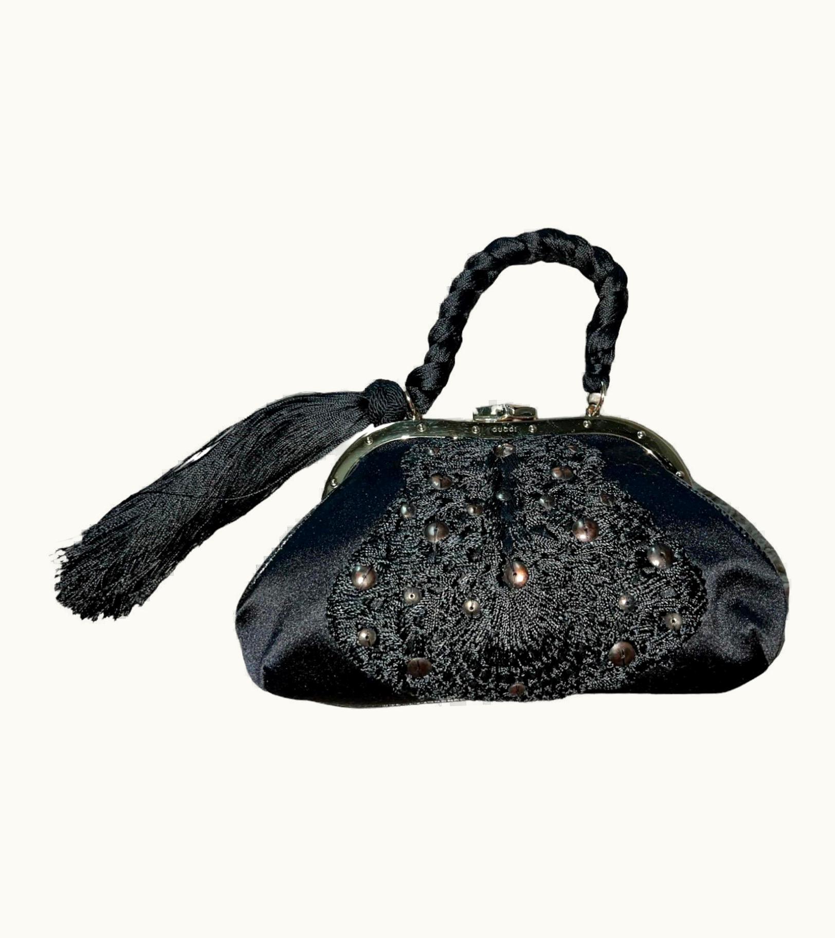 Gucci Exotic Gucci Embroidered Braid Handle Bamboo Lock Evening Bag Purse