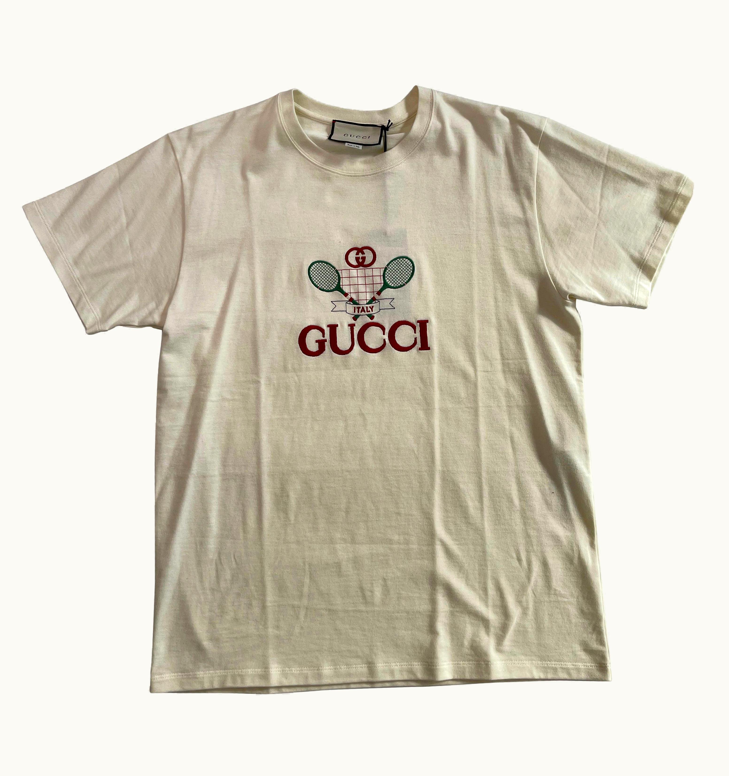 Gucci Gucci Gg Tennis Cream Cotton Logo T-Shirt - Medium (548334)