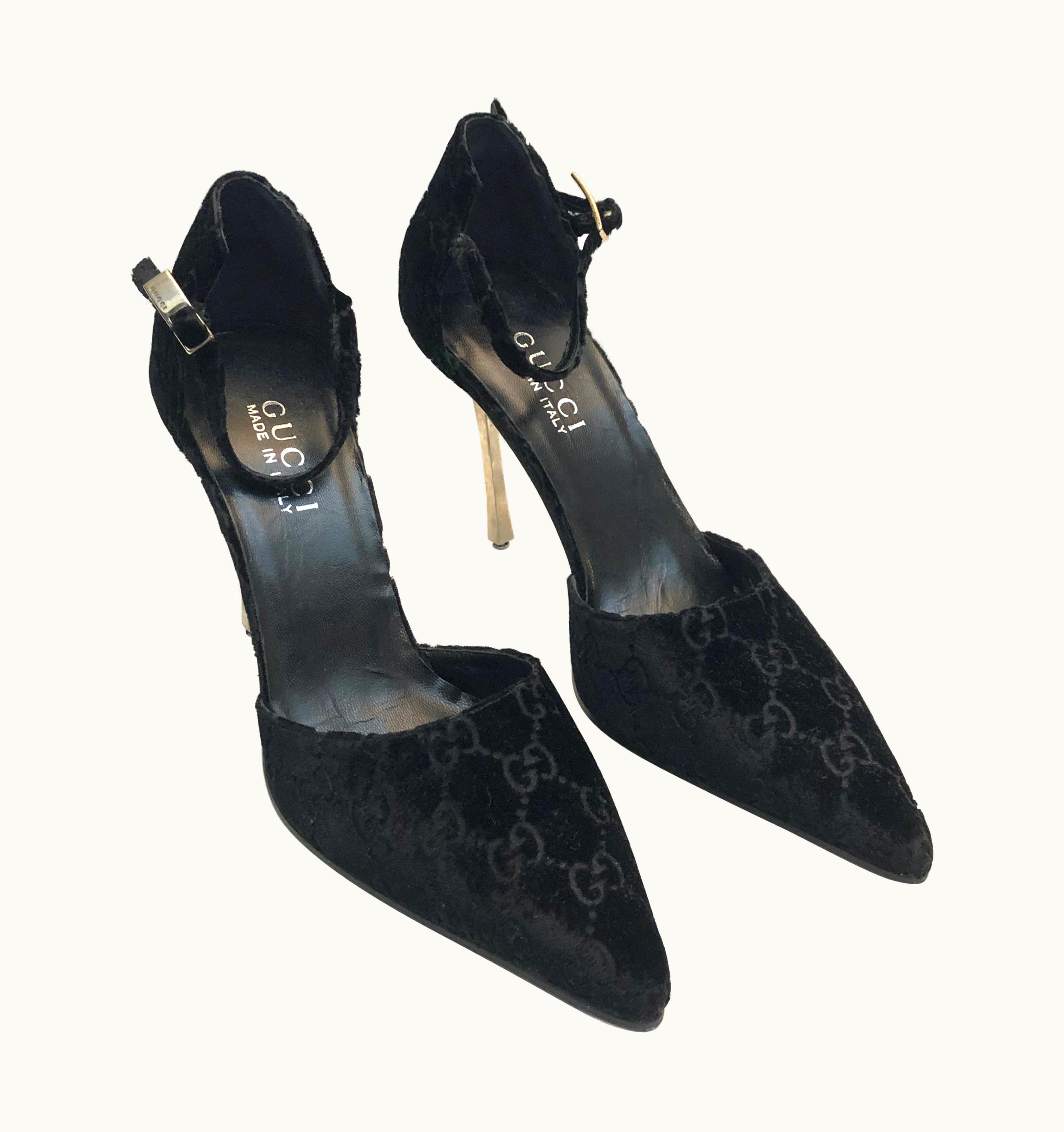 Gucci Unworn Gucci Black Velvet Monogram Silver Plated Strap High Heels